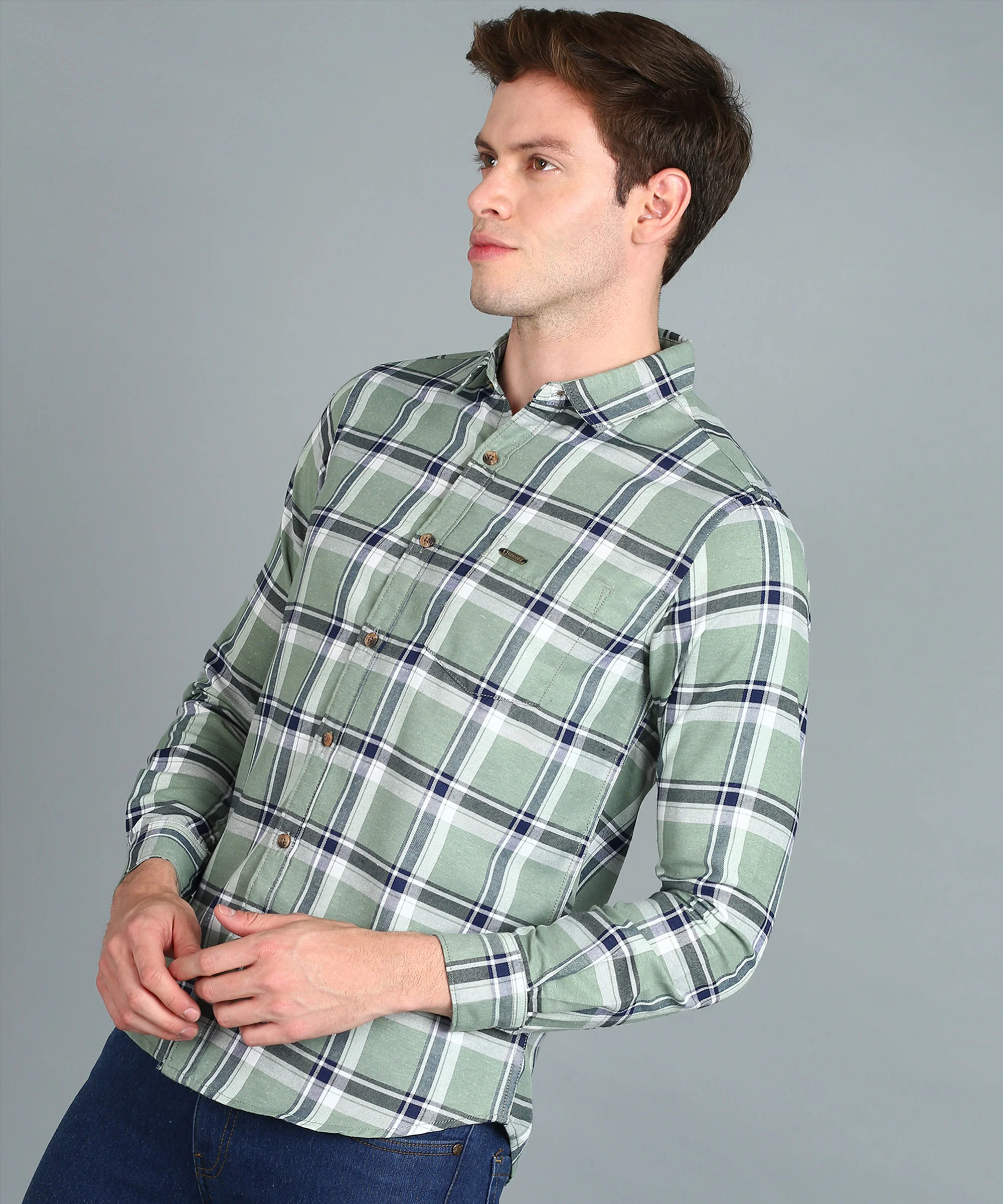 Men's Grey Cotton Full Sleeve Slim Fit Casual Checkered Shirt - Image 2