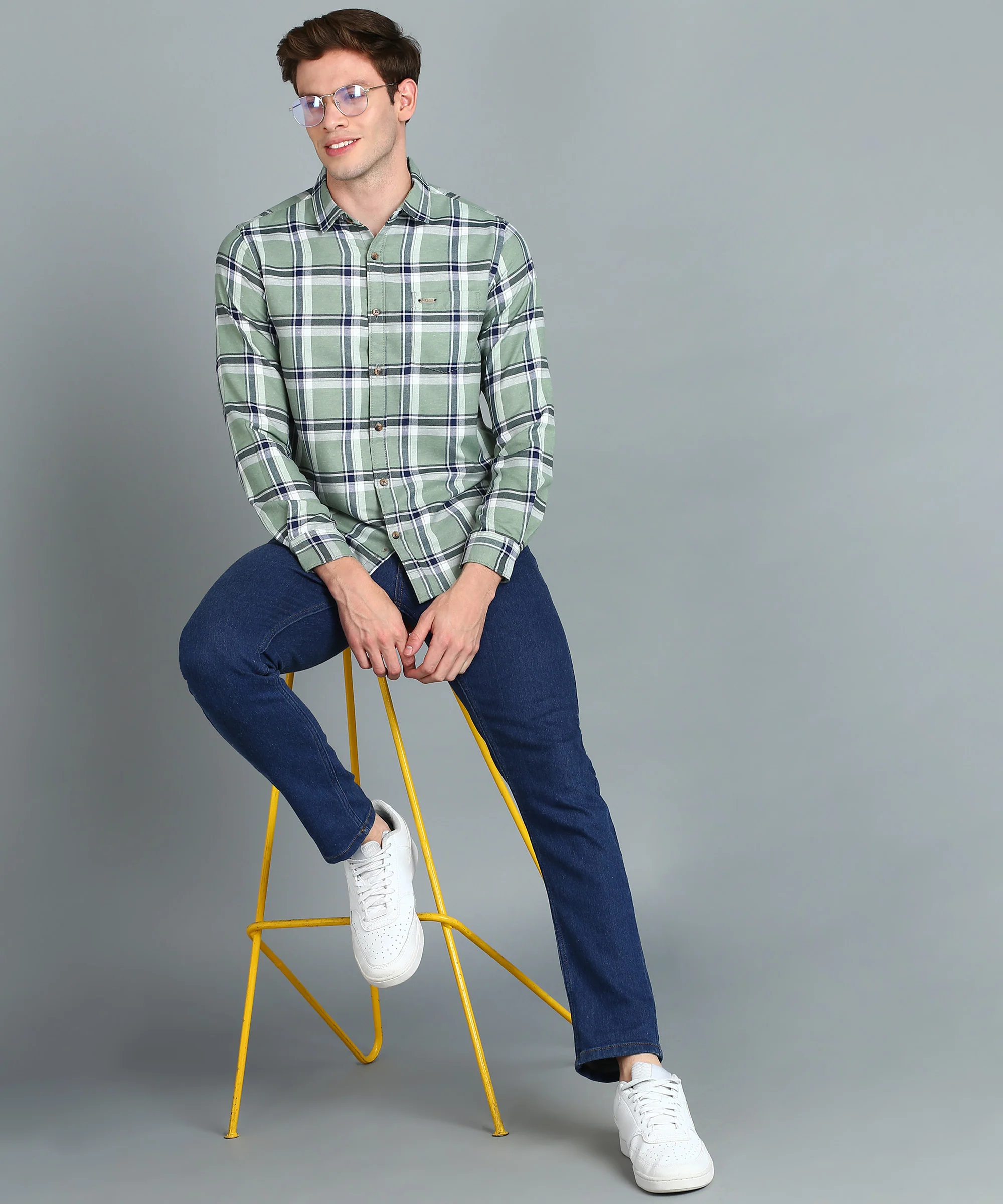 Men's Grey Cotton Full Sleeve Slim Fit Casual Checkered Shirt - Image 4