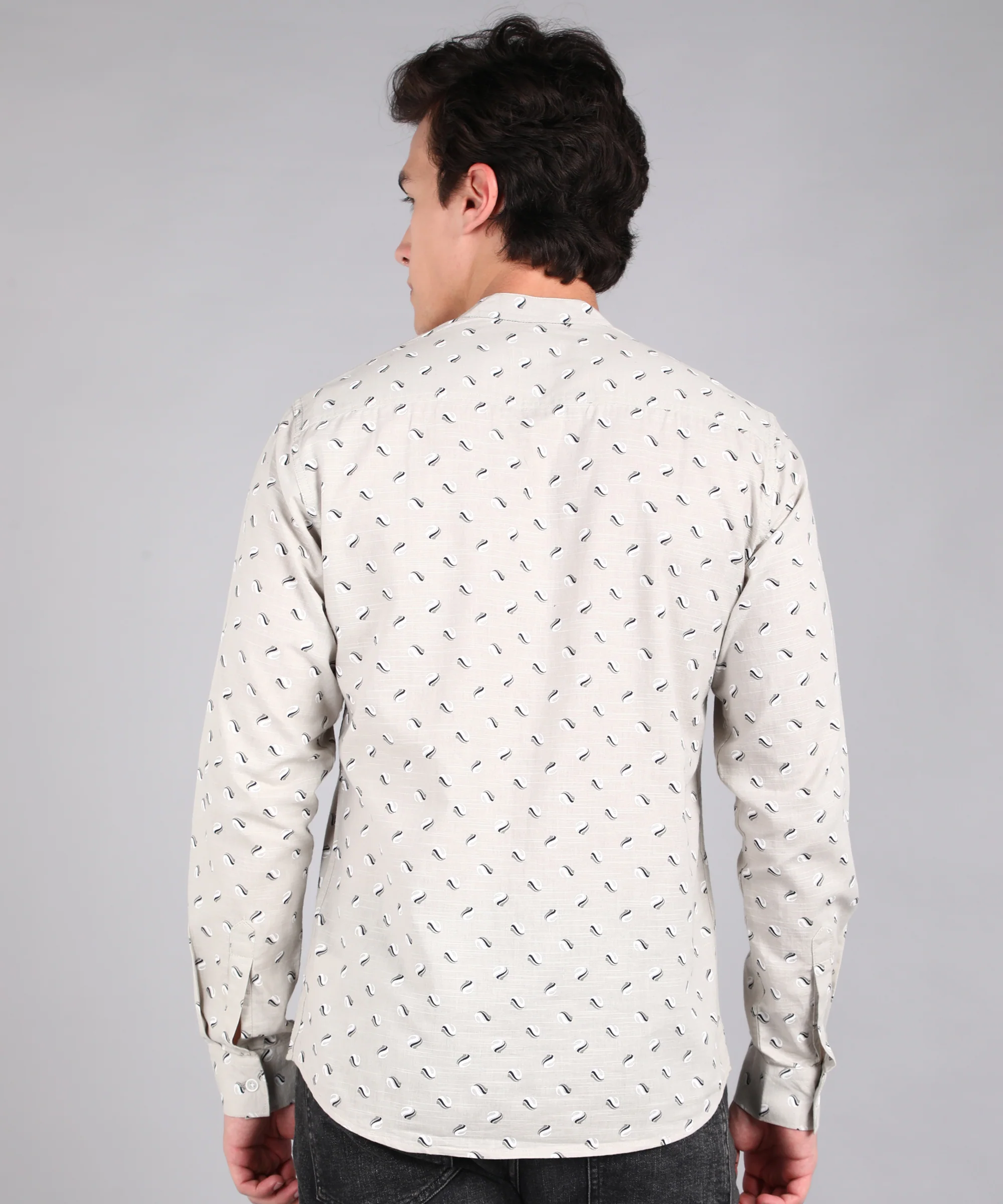 Men's Grey Cotton Full Sleeve Slim Fit Casual Printed Shirt with Mandarin Collar - Image 3