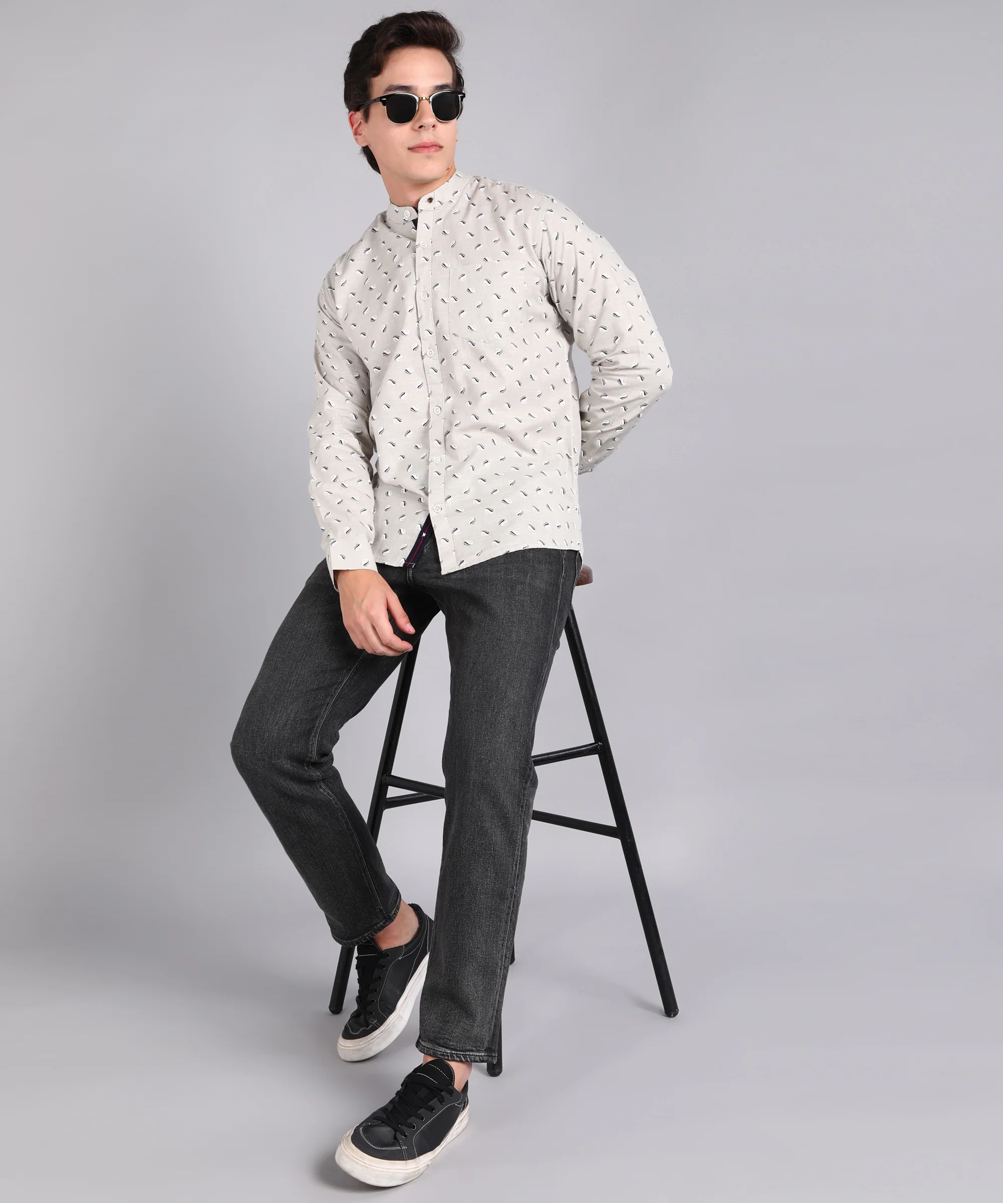 Men's Grey Cotton Full Sleeve Slim Fit Casual Printed Shirt with Mandarin Collar - Image 4