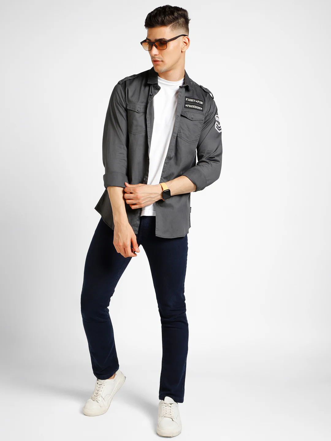 Men's Grey Cotton Full Sleeve Slim Fit Casual Solid Shirt - Image 4