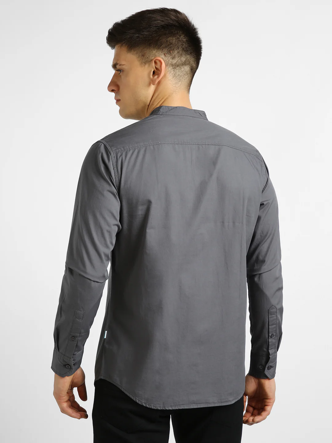 Men's Grey Cotton Full Sleeve Slim Fit Solid Shirt with Mandarin Collar - Image 3