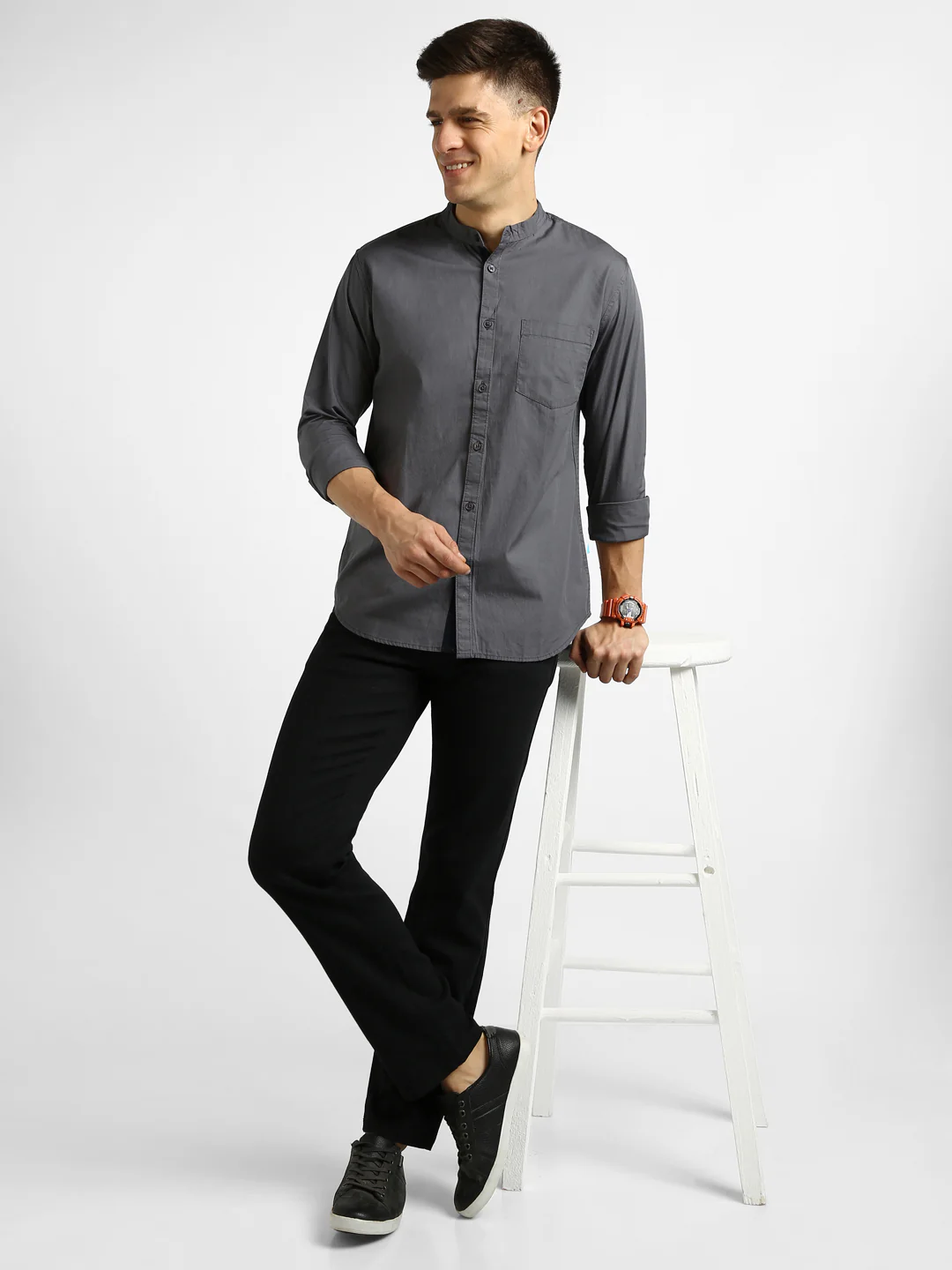 Men's Grey Cotton Full Sleeve Slim Fit Solid Shirt with Mandarin Collar - Image 4