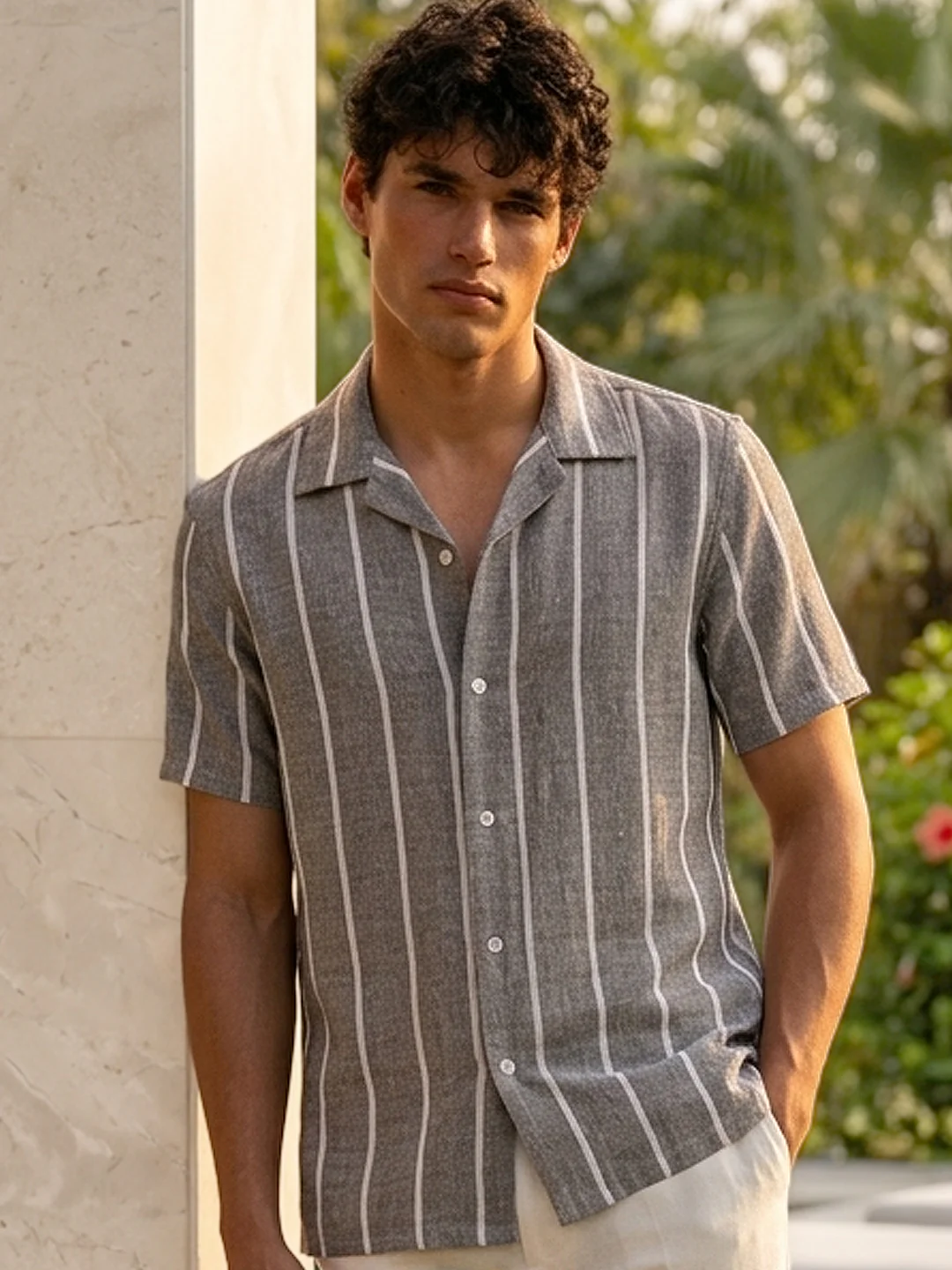 Men's Grey Cotton Half Sleeve Relaxed Fit Linen Striped Shirt with Cuban Collar