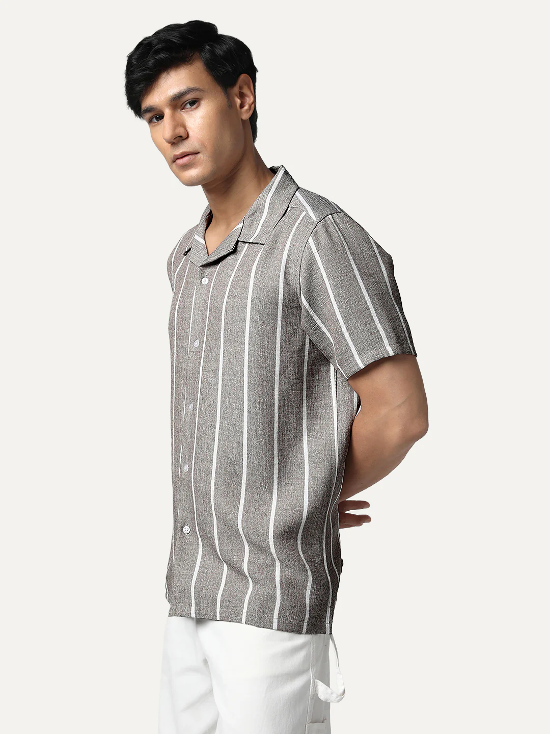 Men's Grey Cotton Half Sleeve Relaxed Fit Linen Striped Shirt with Cuban Collar - Image 3