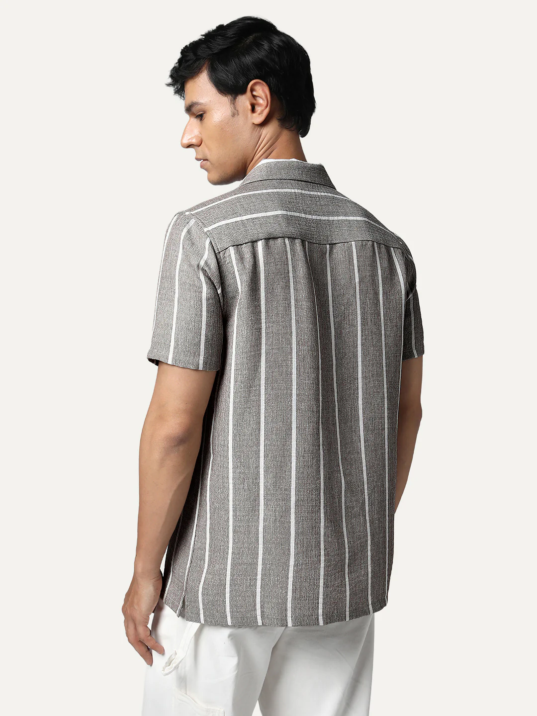 Men's Grey Cotton Half Sleeve Relaxed Fit Linen Striped Shirt with Cuban Collar - Image 4