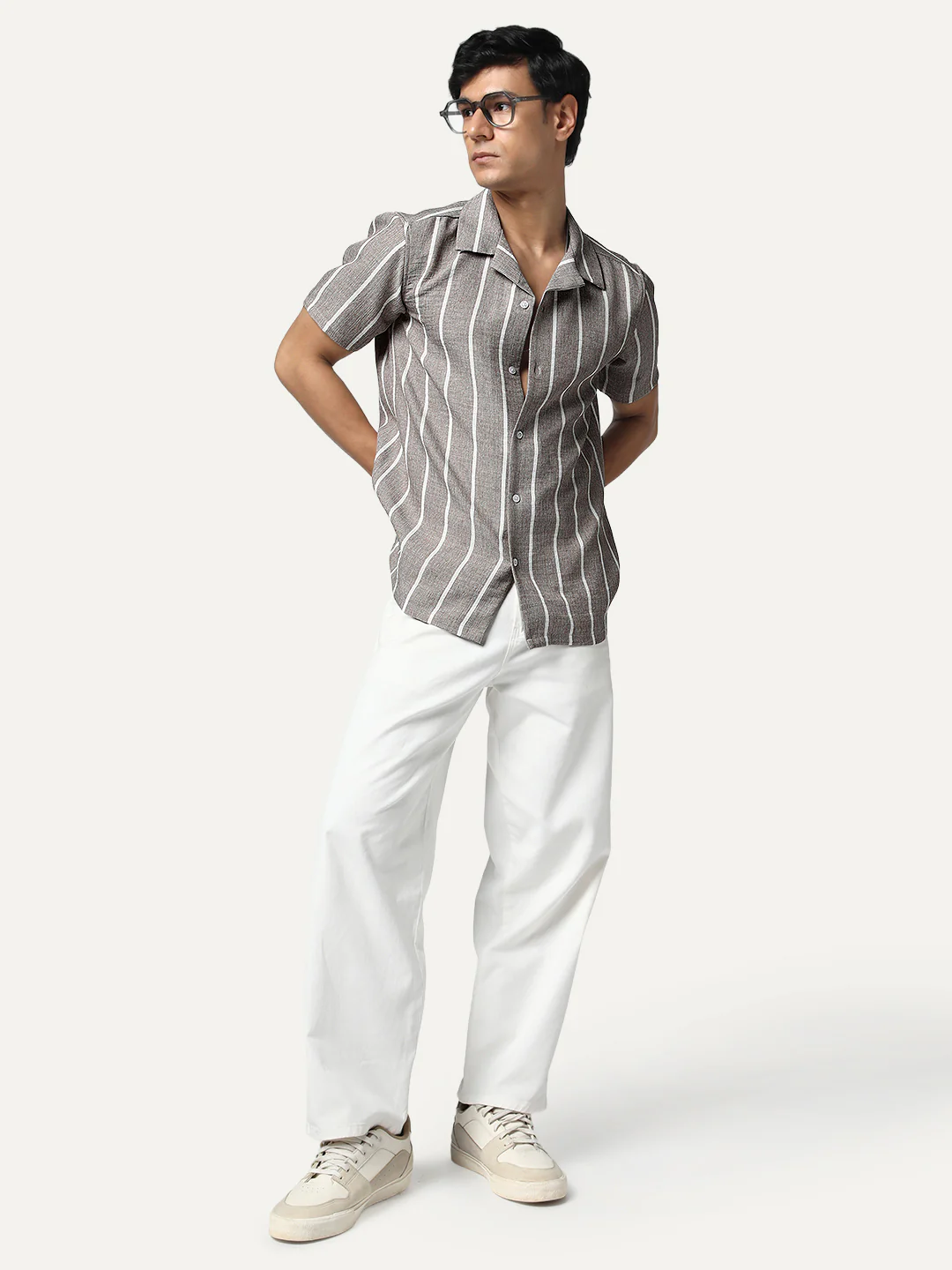 Men's Grey Cotton Half Sleeve Relaxed Fit Linen Striped Shirt with Cuban Collar - Image 5
