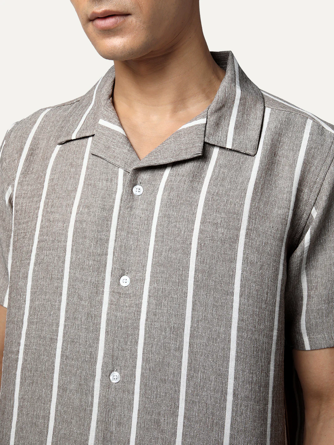 Men's Grey Cotton Half Sleeve Relaxed Fit Linen Striped Shirt with Cuban Collar - Image 6