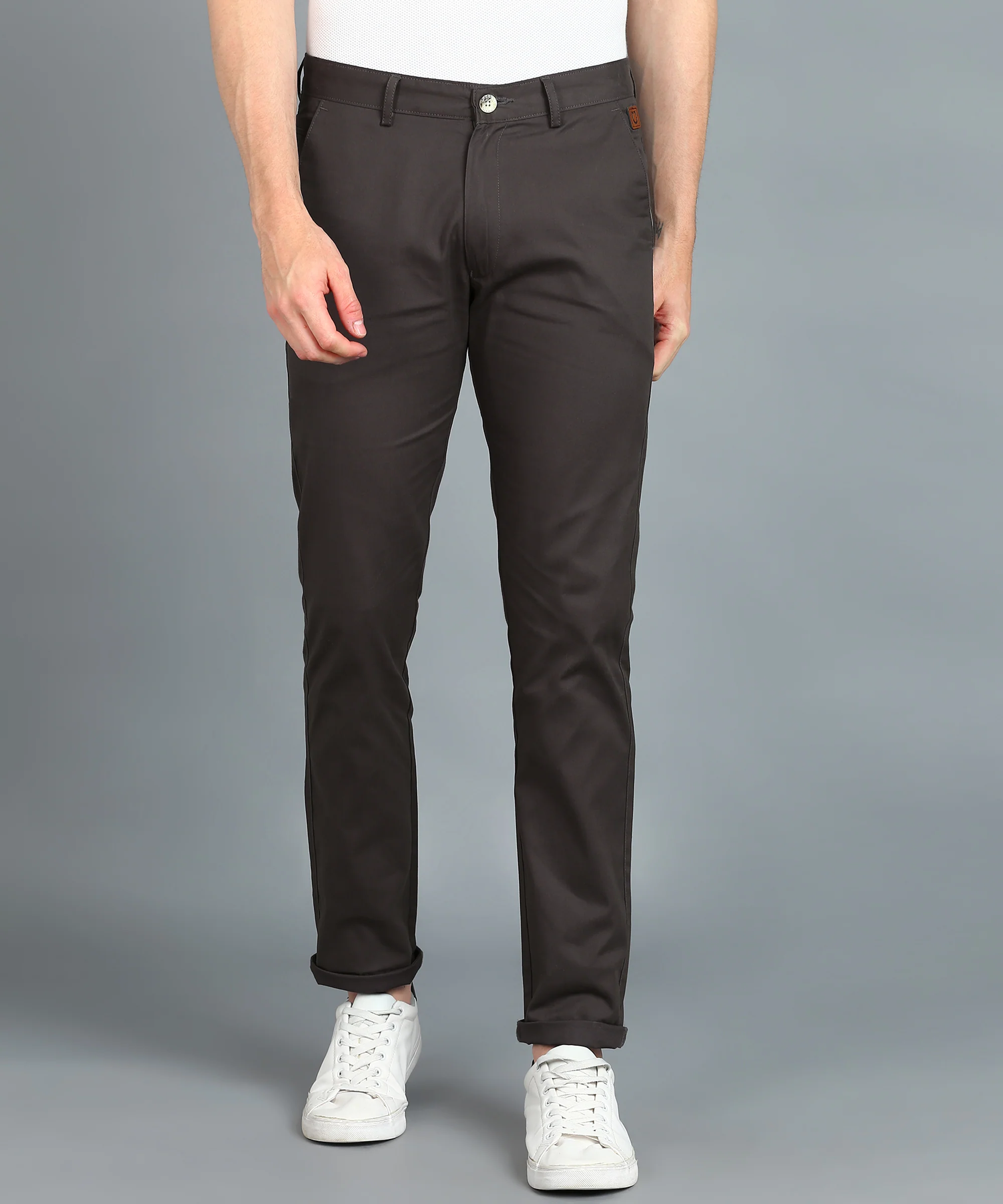 Men's Grey Cotton Slim Fit Casual Chinos Trousers - Image 2