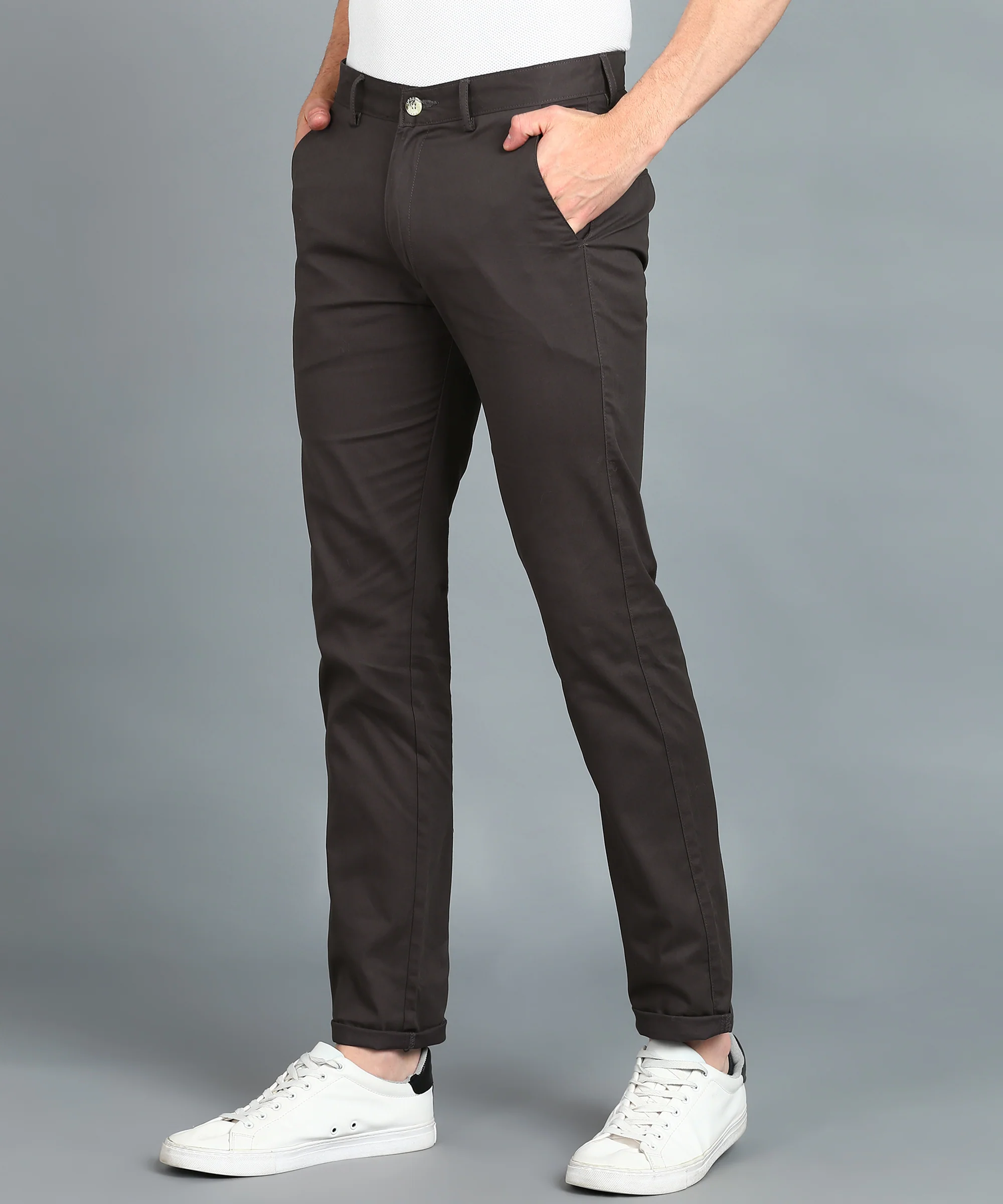 Men's Grey Cotton Slim Fit Casual Chinos Trousers - Image 3