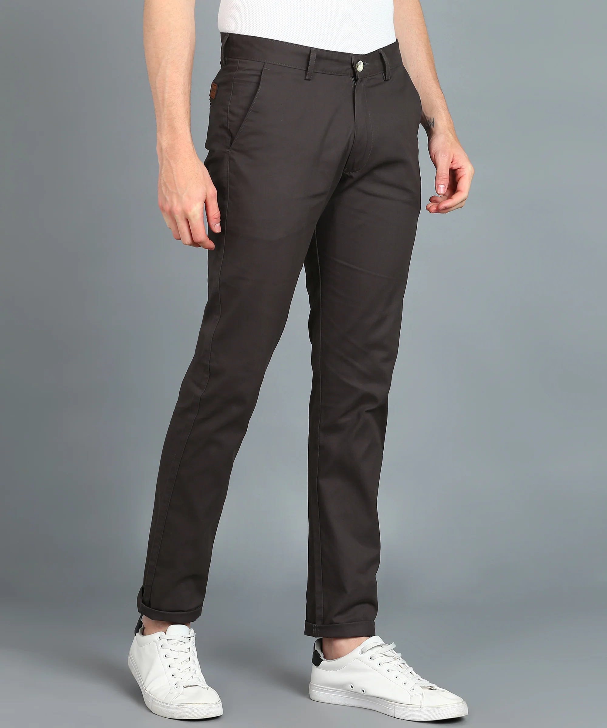Men's Grey Cotton Slim Fit Casual Chinos Trousers - Image 4