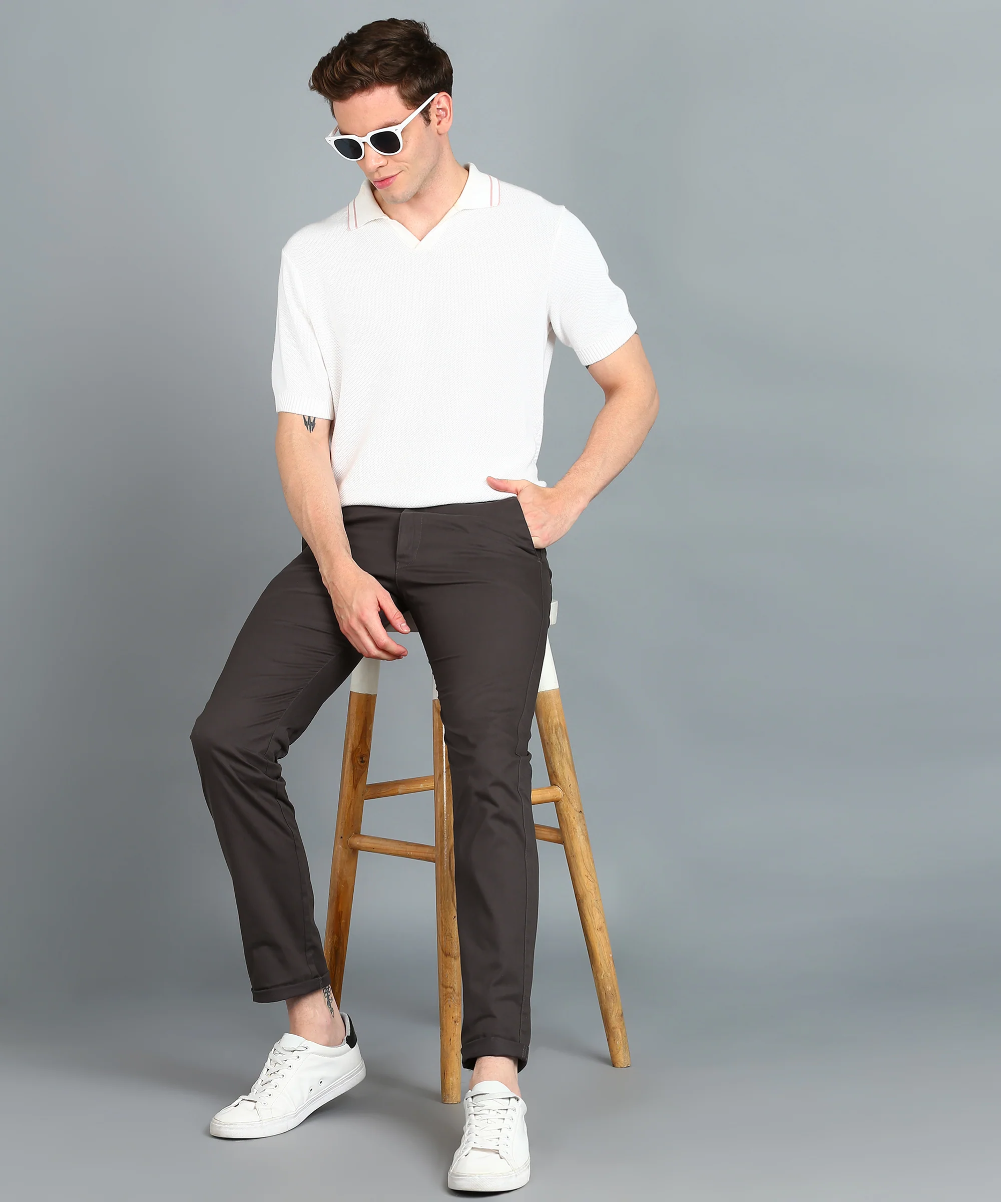 Men's Grey Cotton Slim Fit Casual Chinos Trousers - Image 6