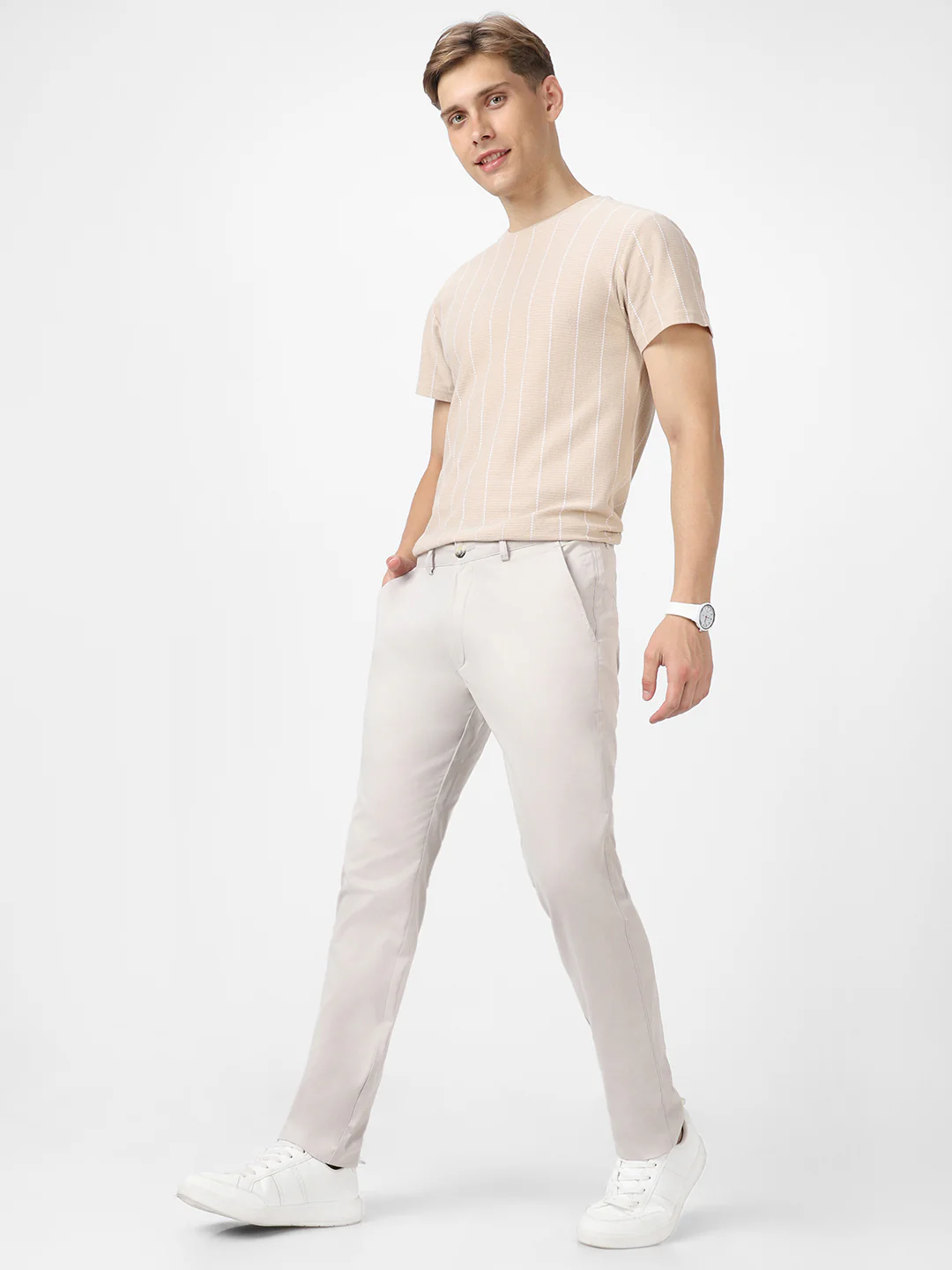 Men's Grey Cotton Slim Fit Casual Chinos Trousers - Image 5