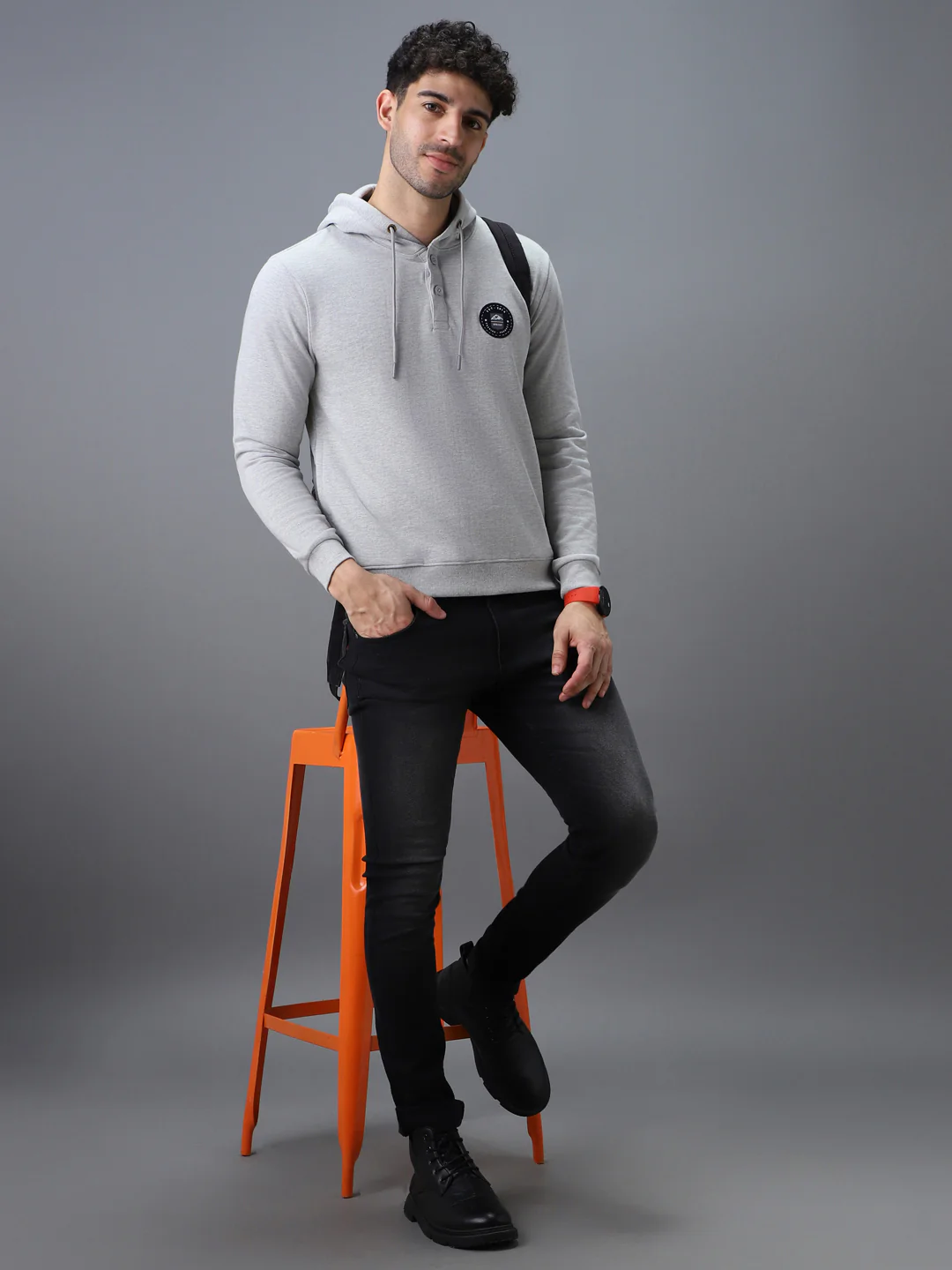 Men's Grey Cotton Solid Button Hooded Neck Sweatshirt - Image 4
