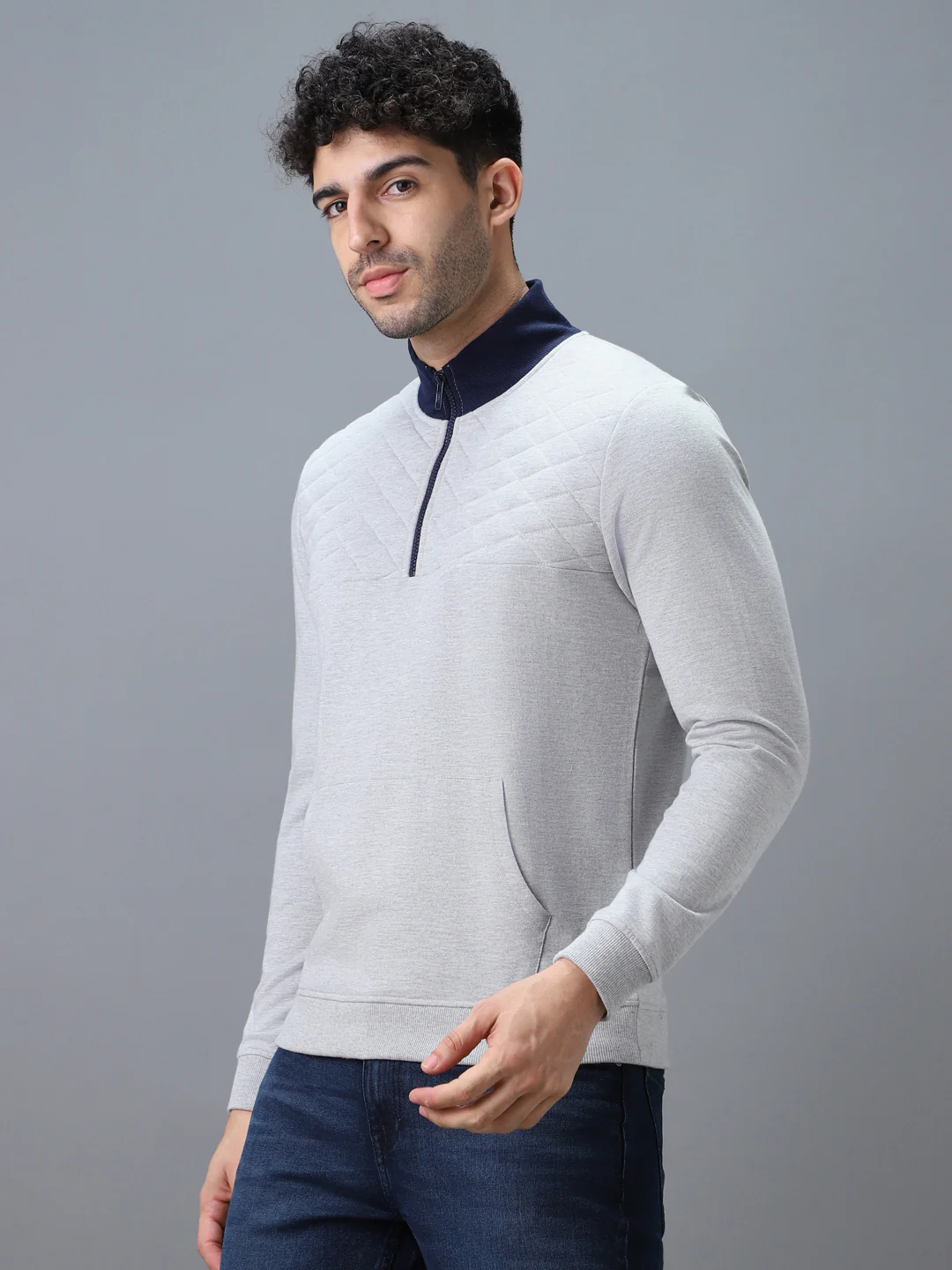 Men's Grey Cotton Solid Zippered High Neck Sweatshirt - Image 2