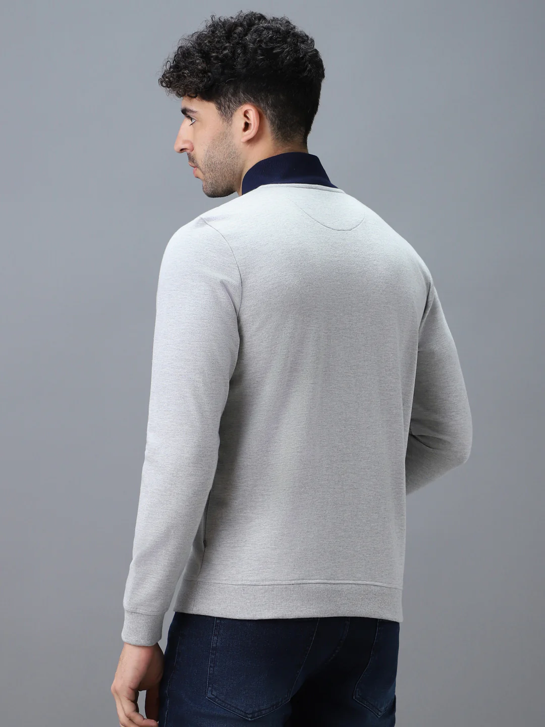 Men's Grey Cotton Solid Zippered High Neck Sweatshirt - Image 3