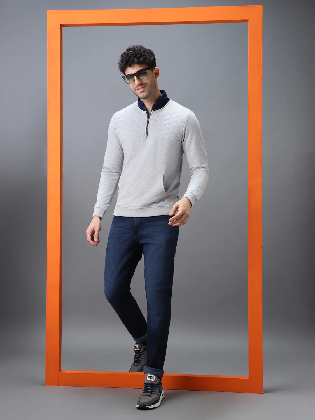 Men's Grey Cotton Solid Zippered High Neck Sweatshirt - Image 4