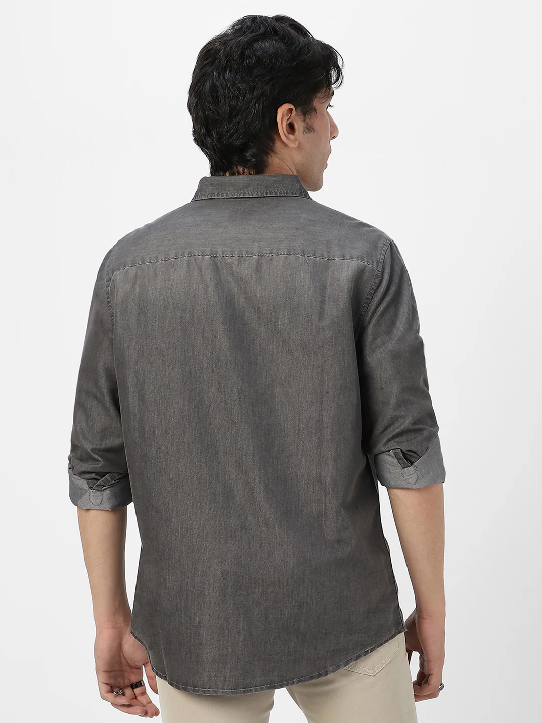 Men's Grey Full Sleeve Regular Fit Casual Denim Shirt - Image 3