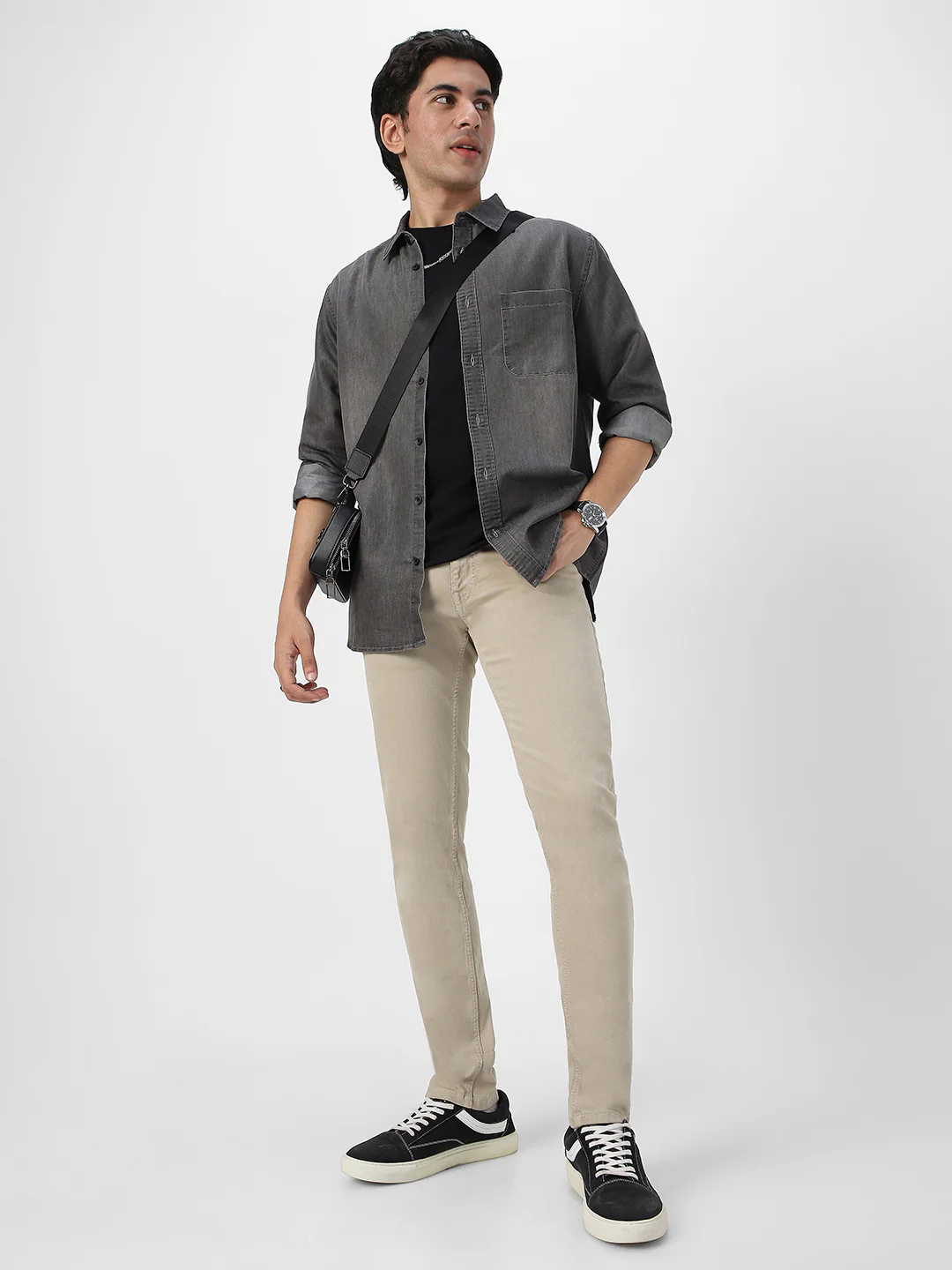 Men's Grey Full Sleeve Regular Fit Casual Denim Shirt - Image 4