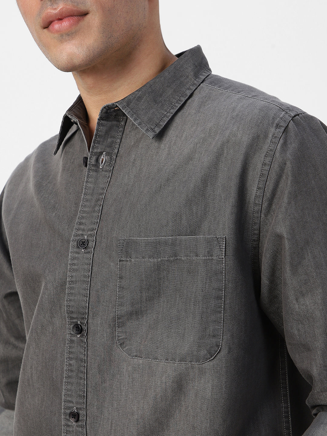 Men's Grey Full Sleeve Regular Fit Casual Denim Shirt - Image 5