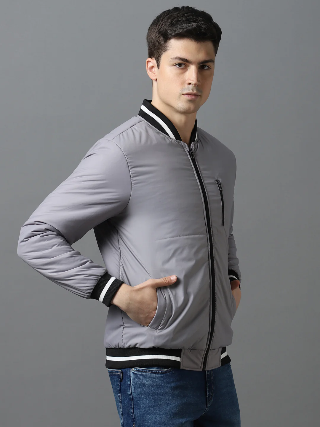 Men's Grey Full Sleeve Zippered Bomber Jacket - Image 2