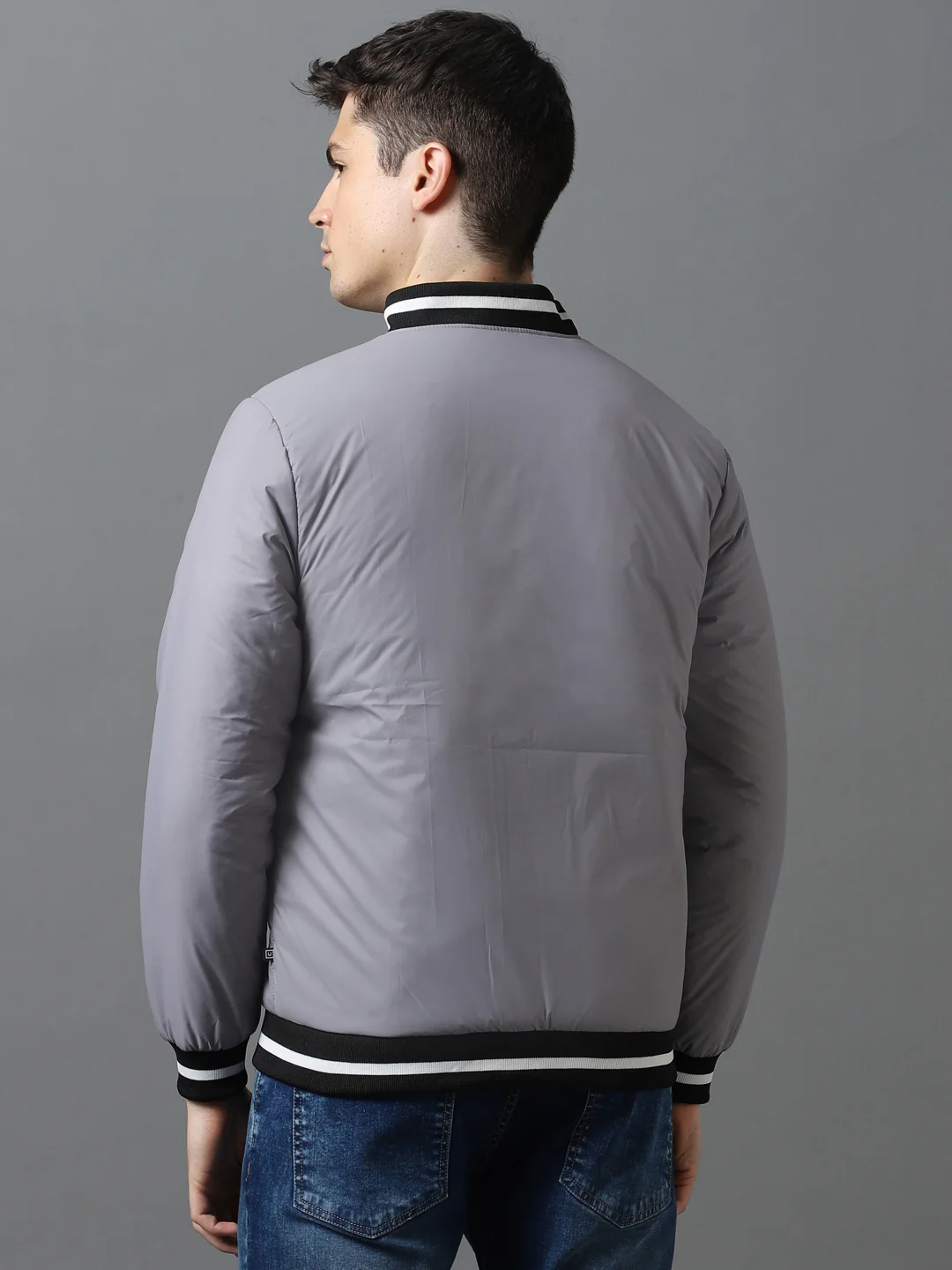 Men's Grey Full Sleeve Zippered Bomber Jacket - Image 3