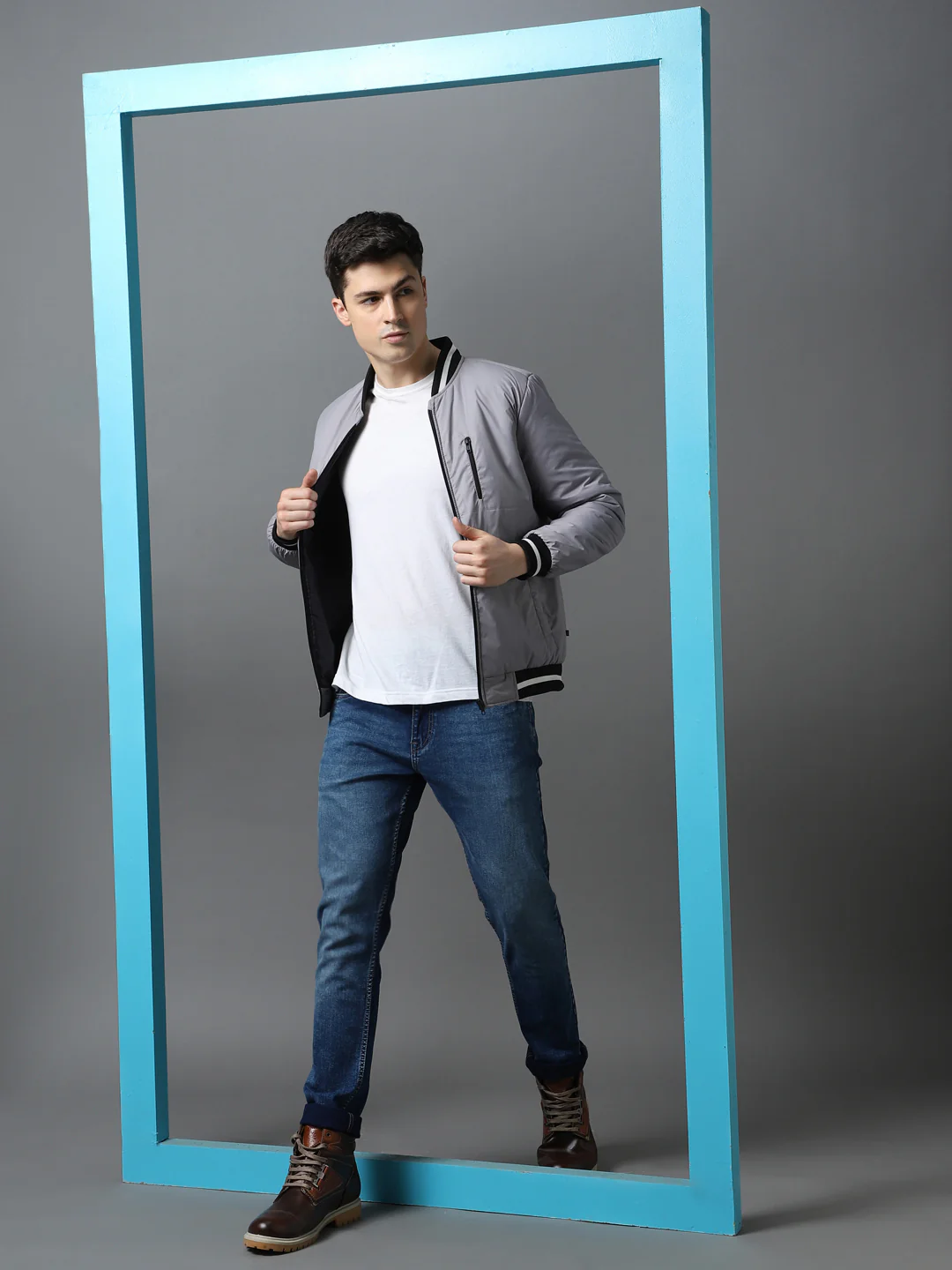 Men's Grey Full Sleeve Zippered Bomber Jacket - Image 4