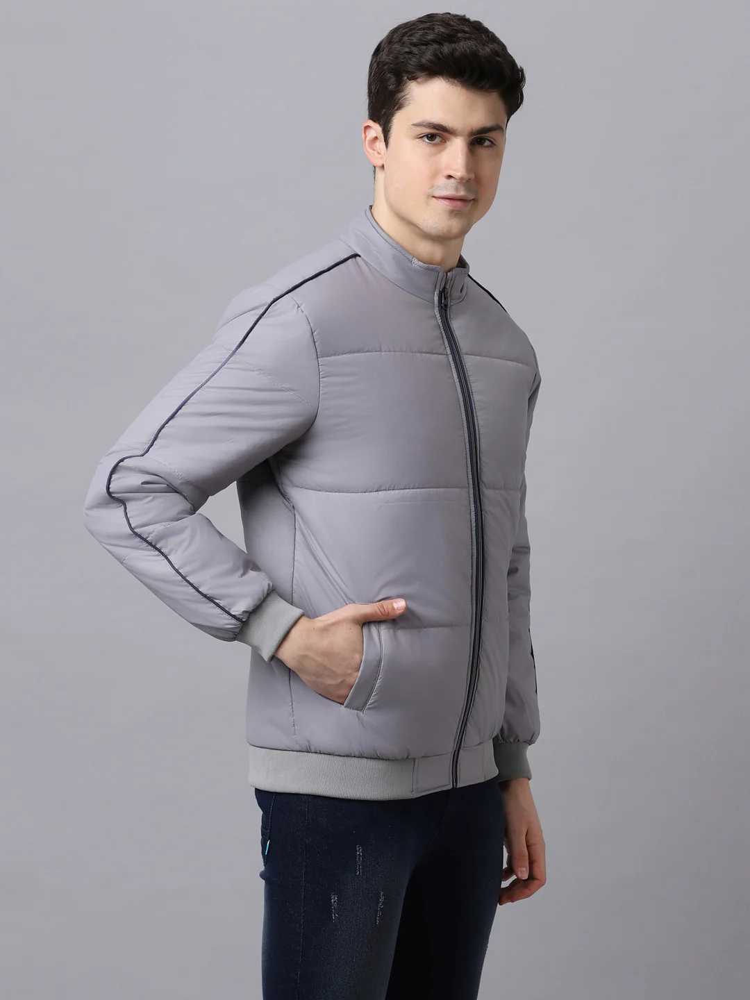 Men's Grey Full Sleeve Zippered Puffer Jacket - Image 2