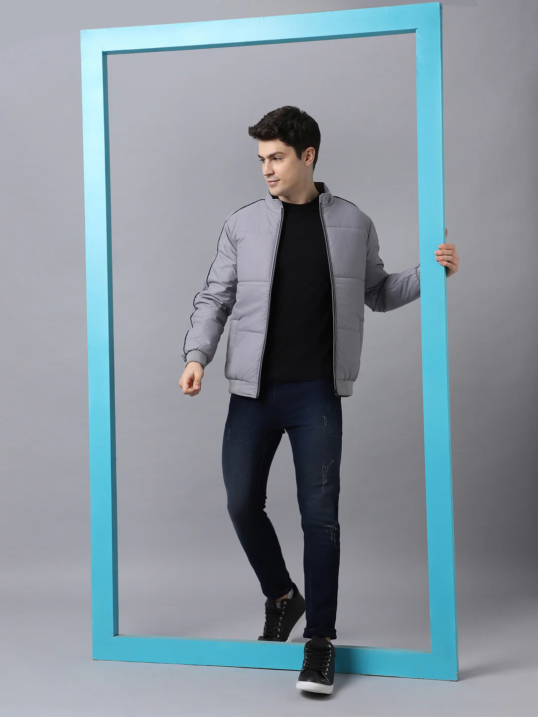 Men's Grey Full Sleeve Zippered Puffer Jacket - Image 4
