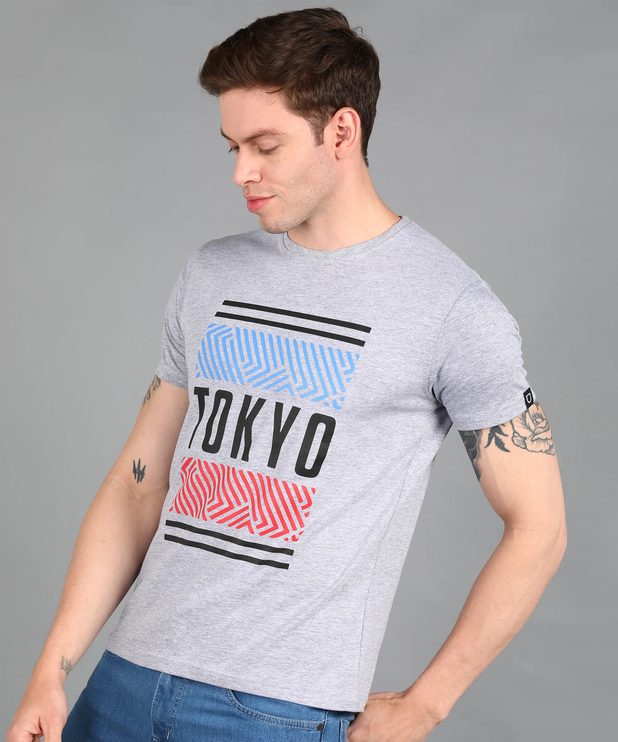 Urbano Fashion Men's Grey Graphic Printed Round Neck Half Sleeve Slim Fit Cotton T-Shirt - Image 2