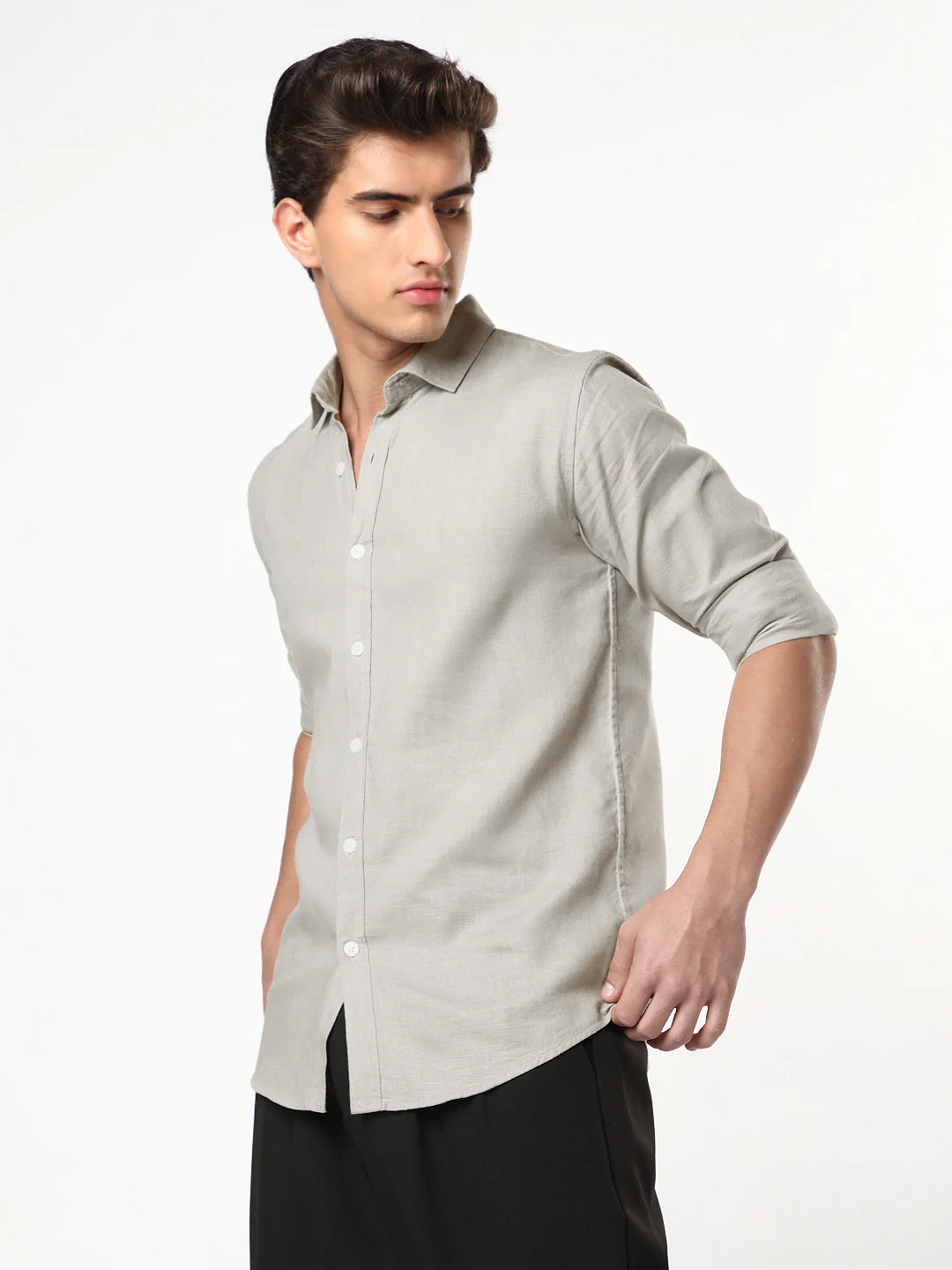 Men's Grey Linen Blend Full Sleeve Relaxed Fit Casual Solid Shirt - Image 2