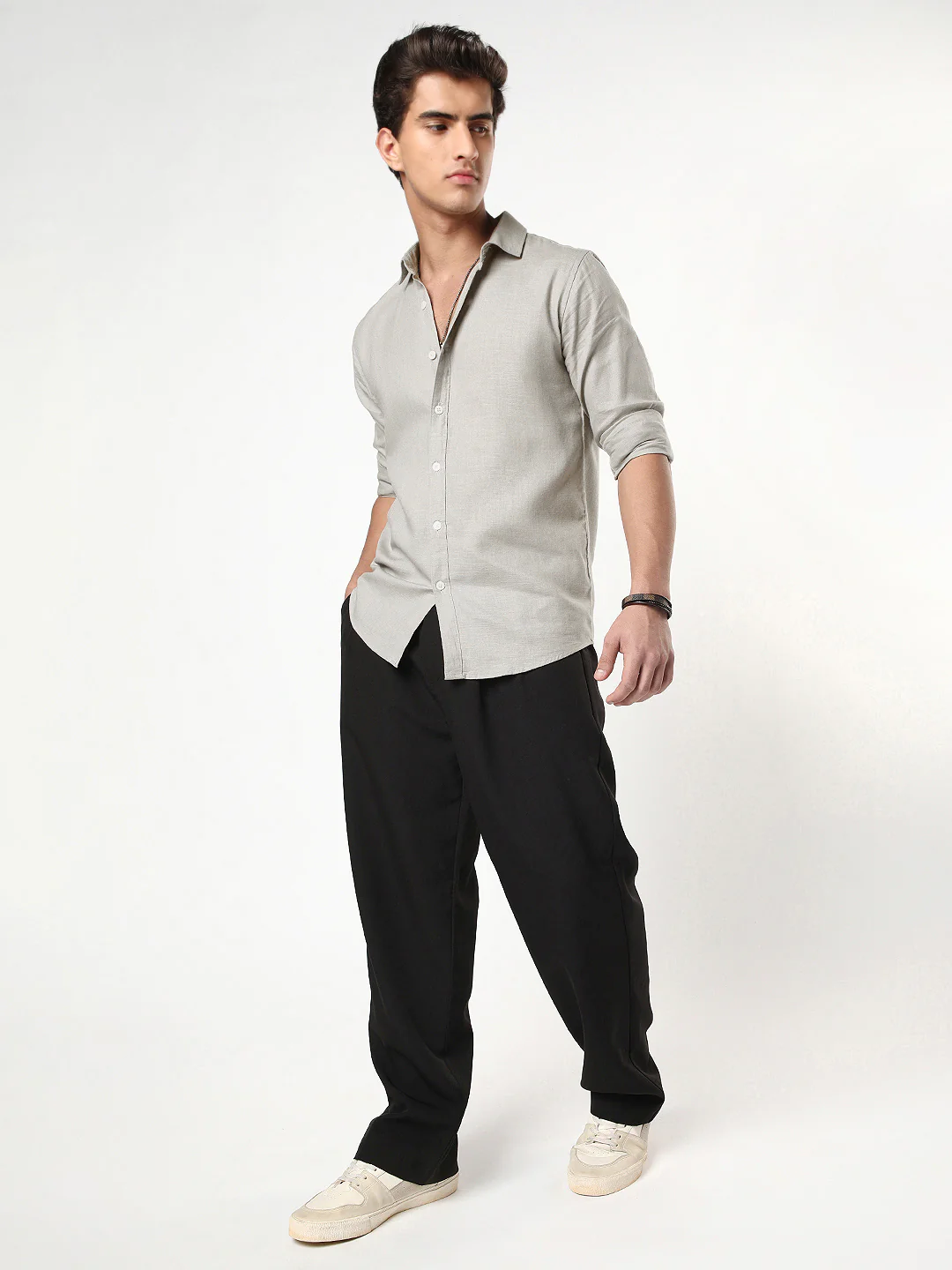 Men's Grey Linen Blend Full Sleeve Relaxed Fit Casual Solid Shirt - Image 4