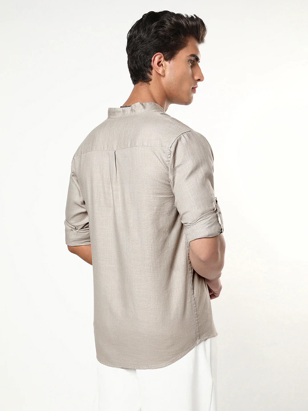 Men's Grey Linen Blend Full Sleeve Relaxed Fit Mandarin Collar Casual Solid Shirt - Image 3