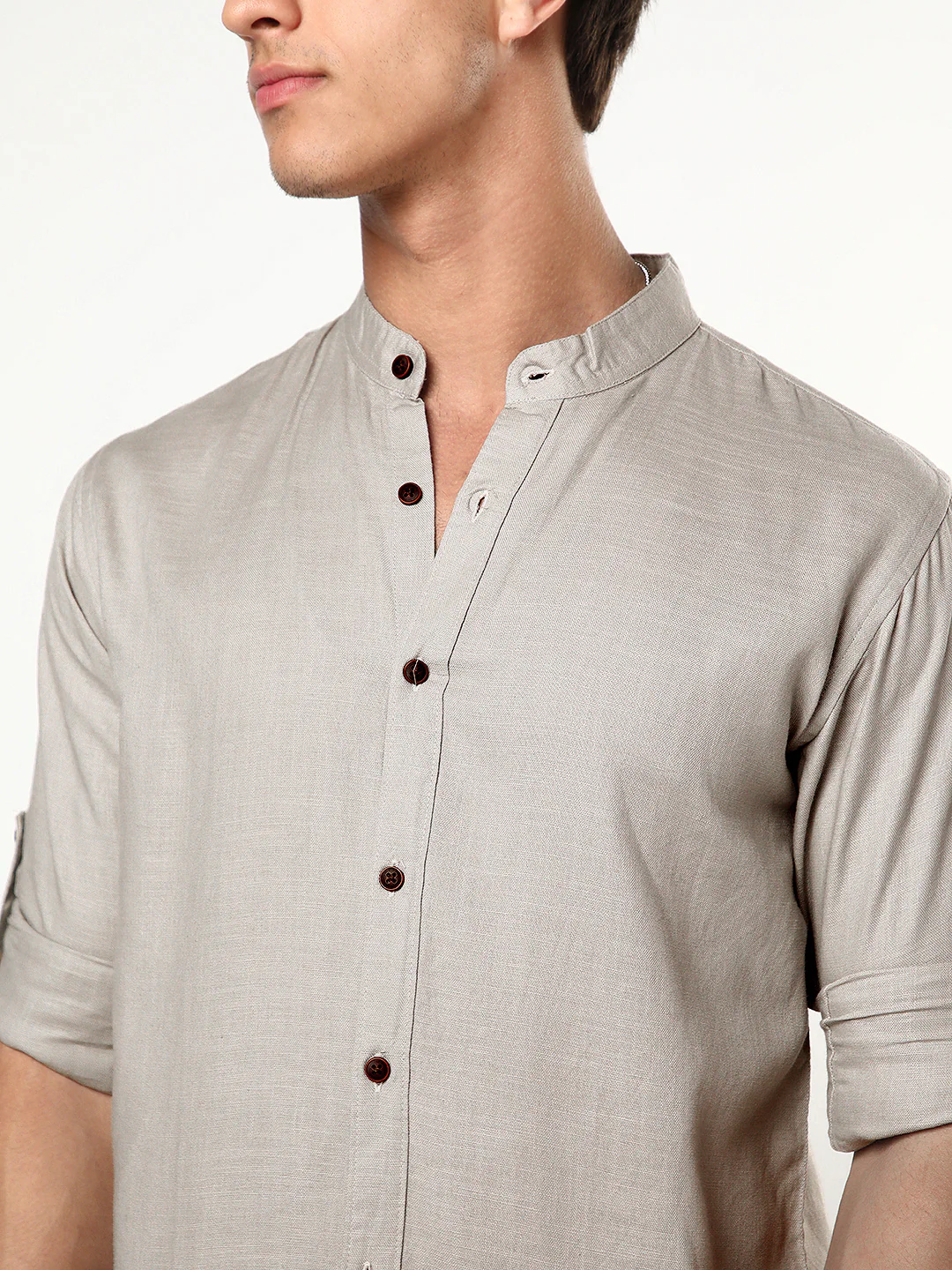 Men's Grey Linen Blend Full Sleeve Relaxed Fit Mandarin Collar Casual Solid Shirt - Image 6