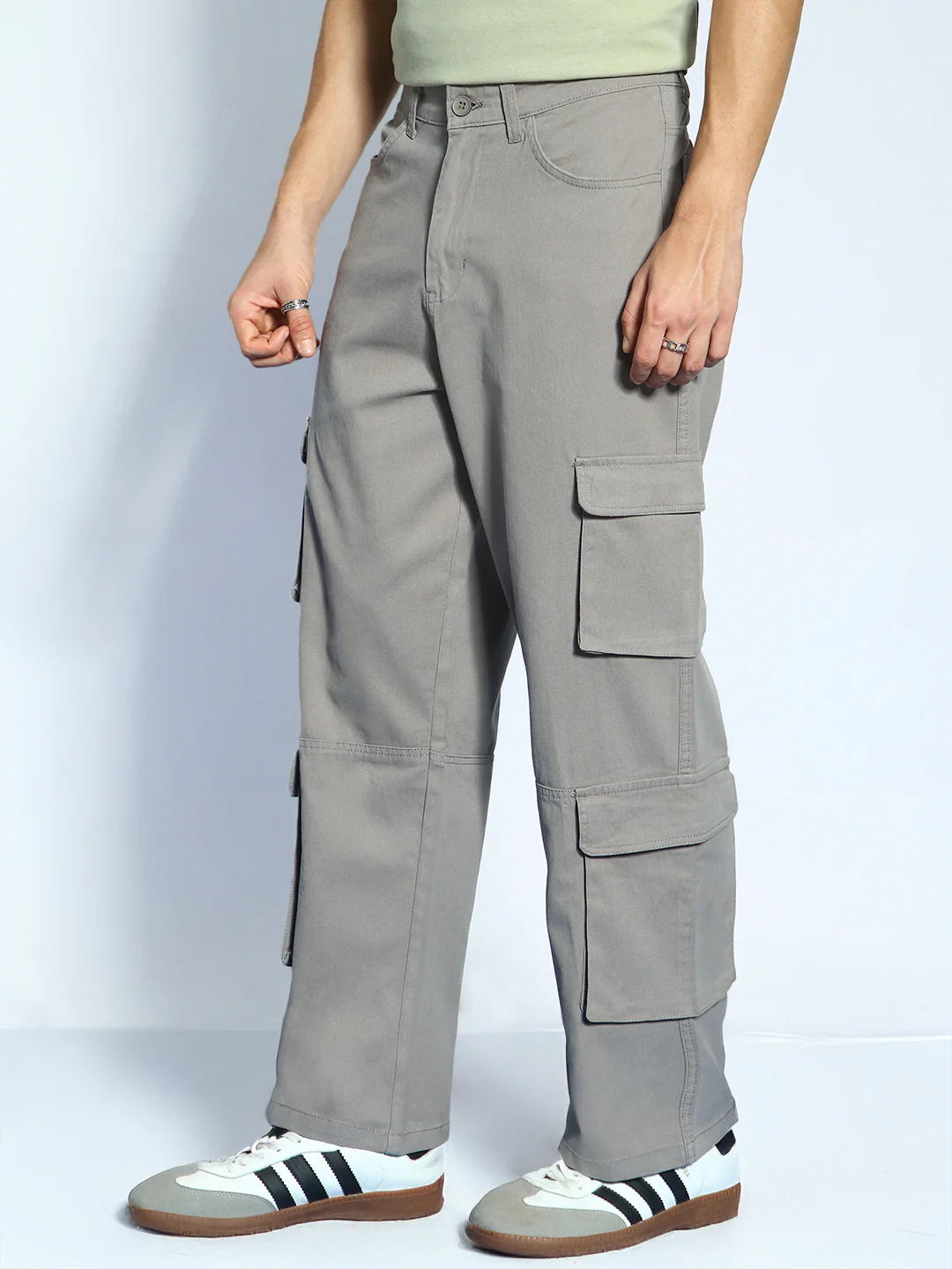 Men's Grey Loose Baggy Fit Cargo Chino Pant with 8 Pockets Stretchable - Image 3