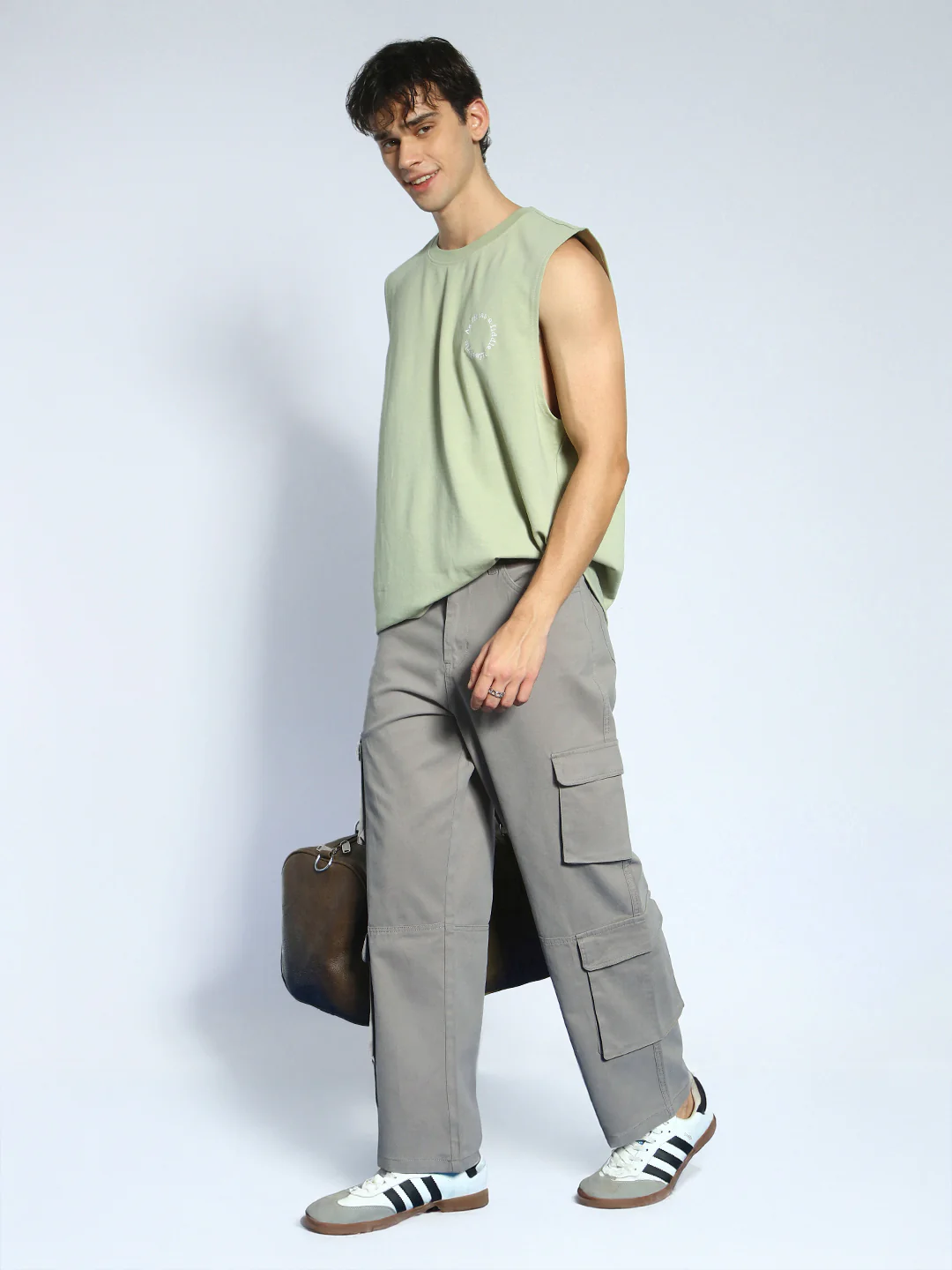 Men's Grey Loose Baggy Fit Cargo Chino Pant with 8 Pockets Stretchable - Image 5