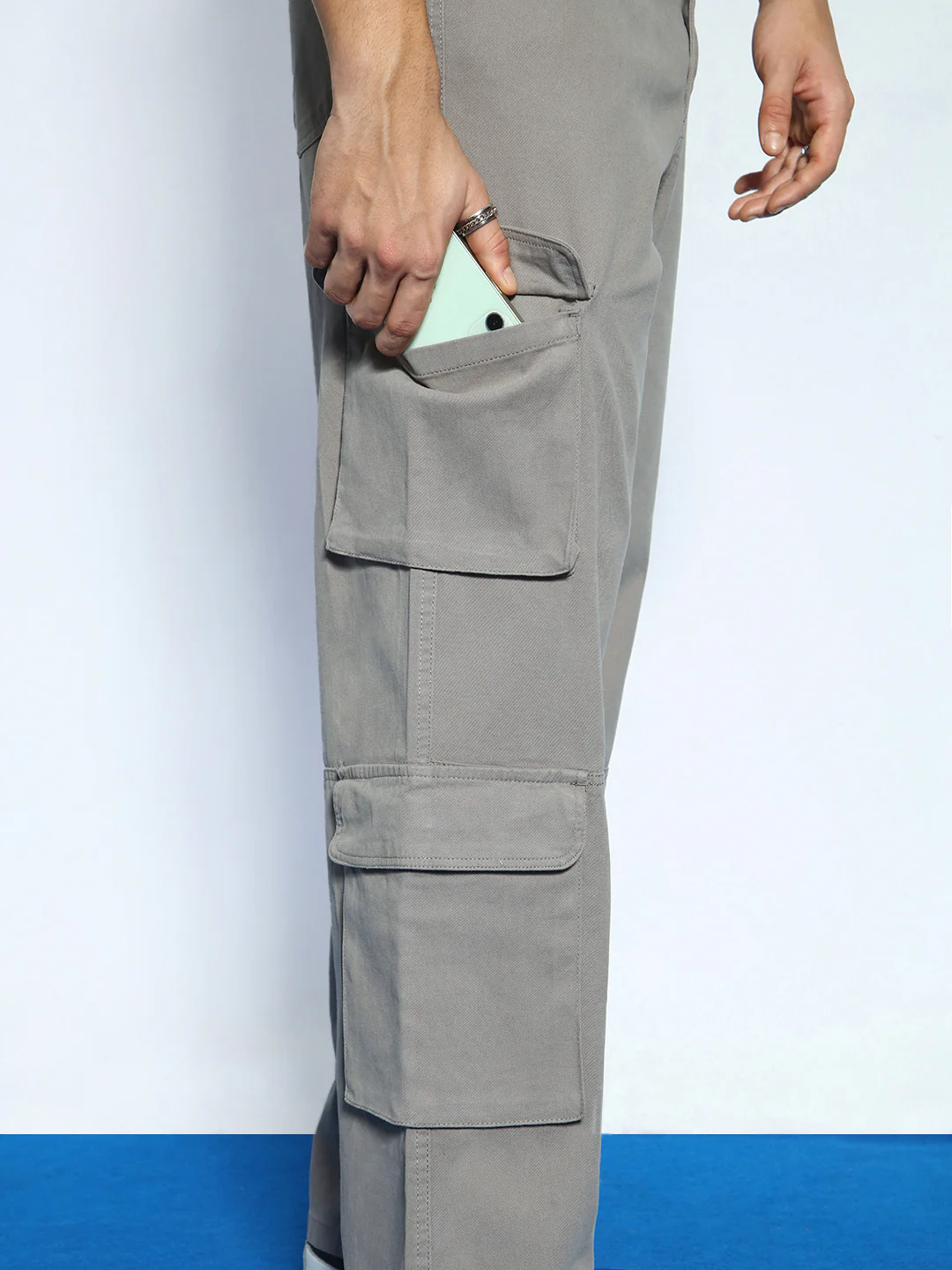 Men's Grey Loose Baggy Fit Cargo Chino Pant with 8 Pockets Stretchable - Image 6