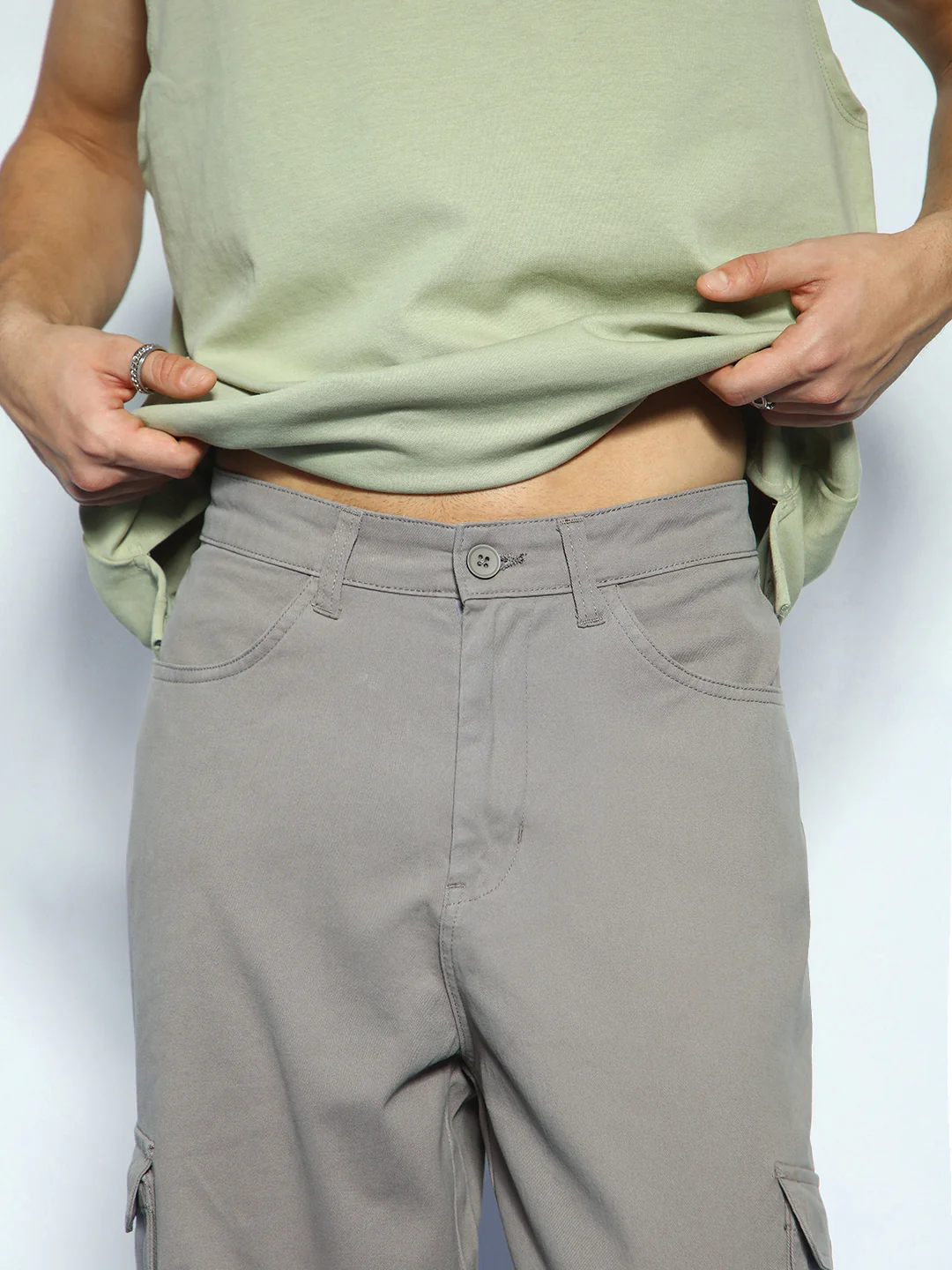 Men's Grey Loose Baggy Fit Cargo Chino Pant with 8 Pockets Stretchable - Image 7