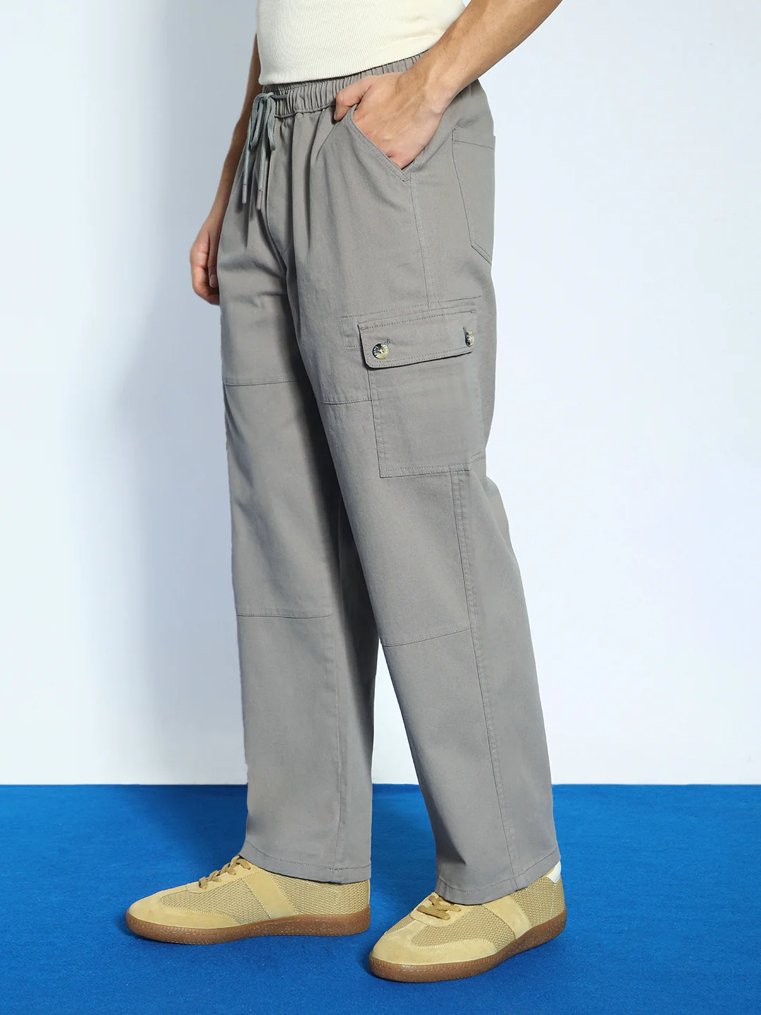 Men's Grey Loose Baggy Fit Cargo Jogger Chino Pant with 6 Pockets Stretchable - Image 3