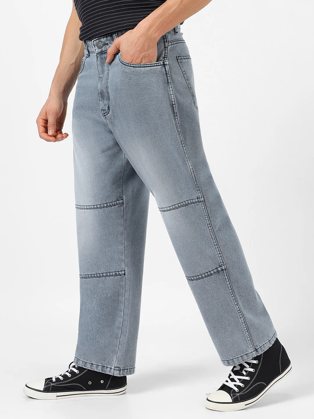 Men's Grey Loose Baggy Fit Cut and Sew Panelled Jeans Non-Stretchable - Image 3