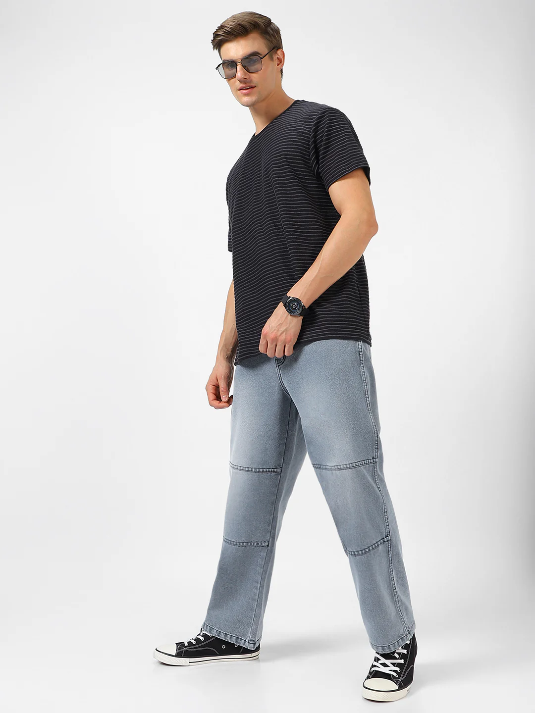 Men's Grey Loose Baggy Fit Cut and Sew Panelled Jeans Non-Stretchable - Image 5
