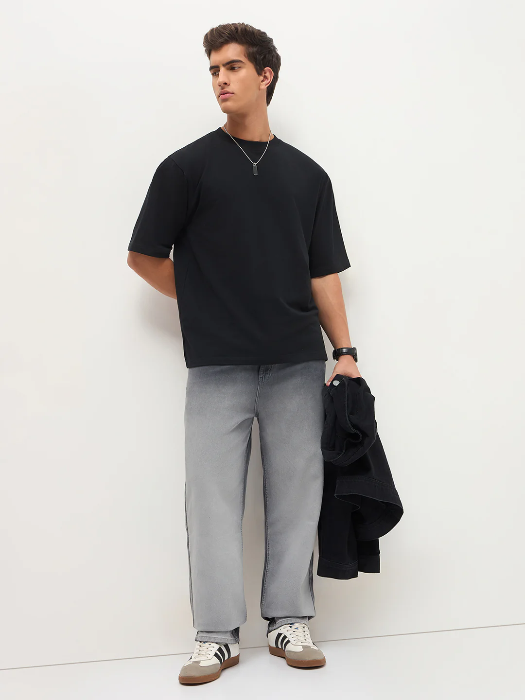 Men's Grey Loose Baggy Fit Heavy Washed Faded Denim Jeans Non-Stretchable - Image 4