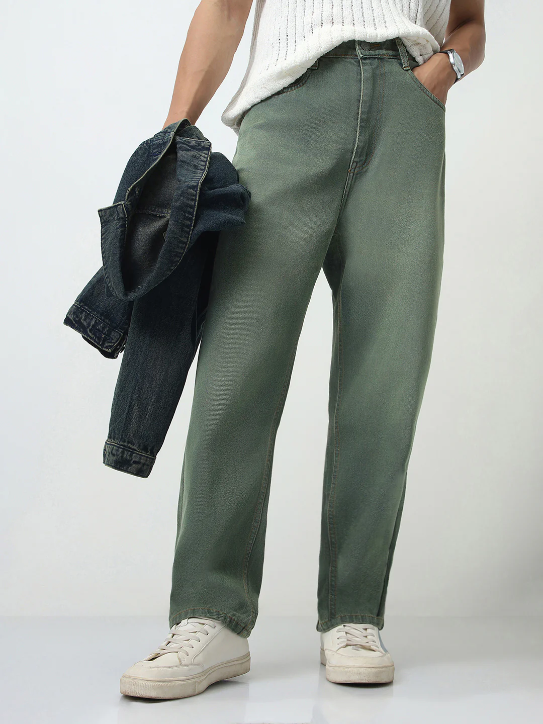 Men's Grey Loose Baggy Fit Heavy Washed Jeans Non-Stretchable - Image 2