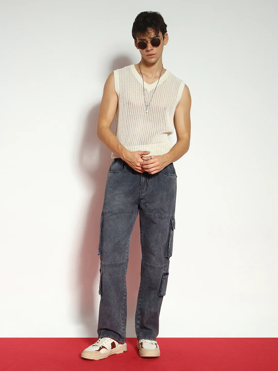 Men's Grey Loose Baggy Fit Travel Cargo Jeans With 8 Pockets Stretchable - Image 4