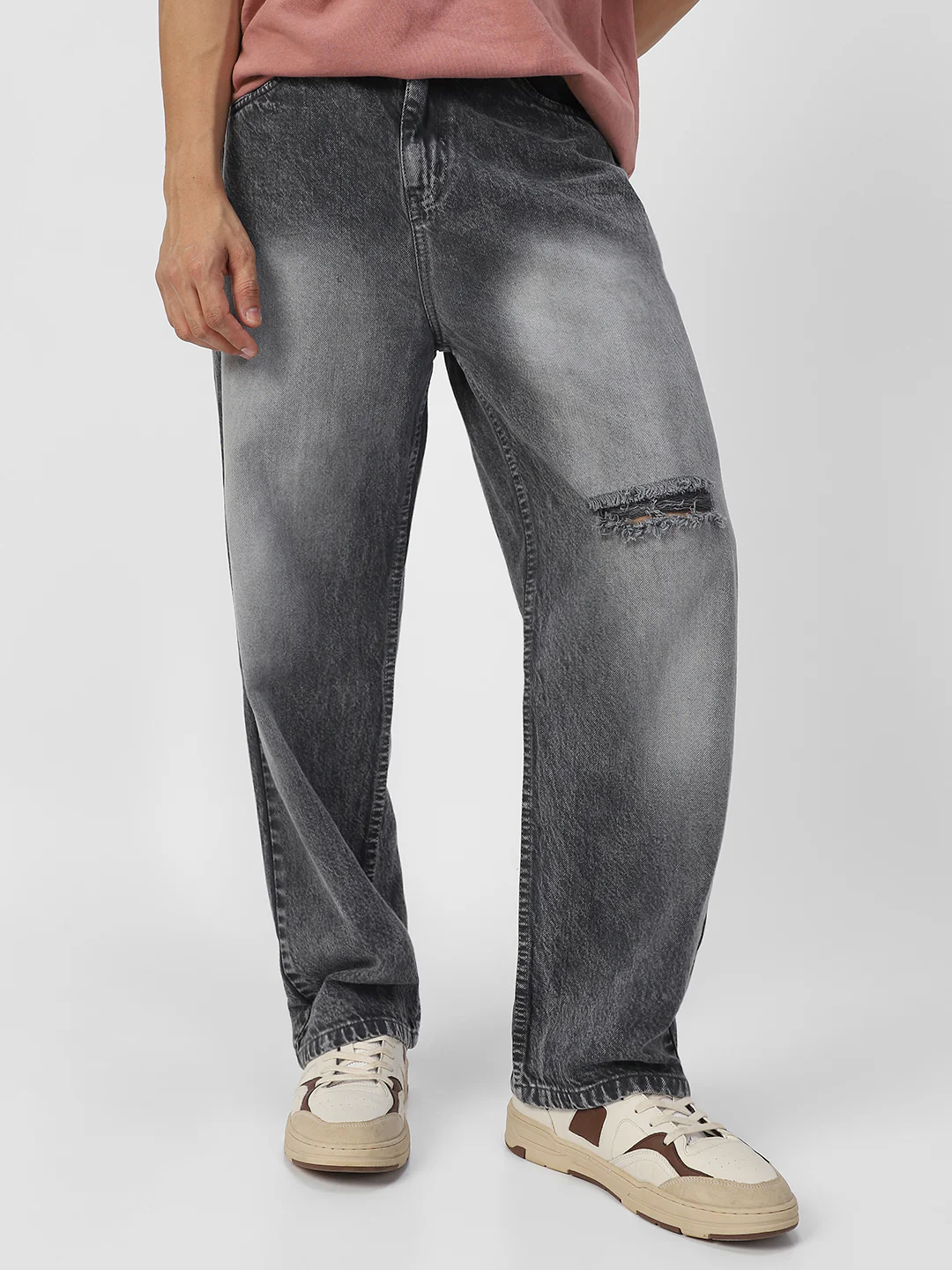 Men's Grey Loose Baggy Fit Washed Distressed/Torn Jeans Non-Stretchable - Image 2
