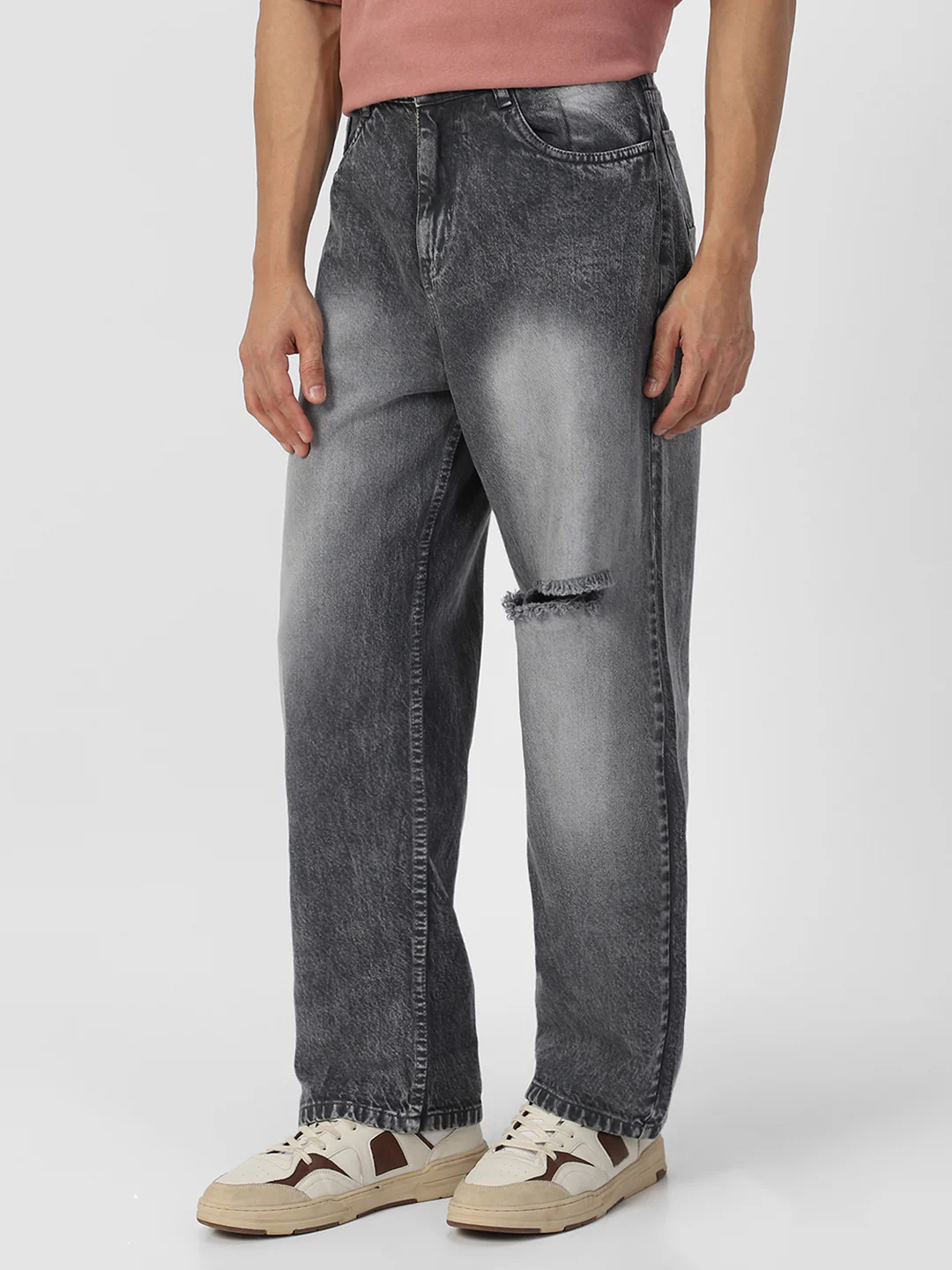 Men's Grey Loose Baggy Fit Washed Distressed/Torn Jeans Non-Stretchable - Image 3