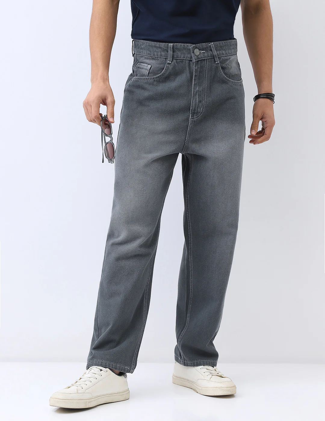 Men's Grey Loose Baggy Fit Washed Jeans Non-Stretchable - Image 2