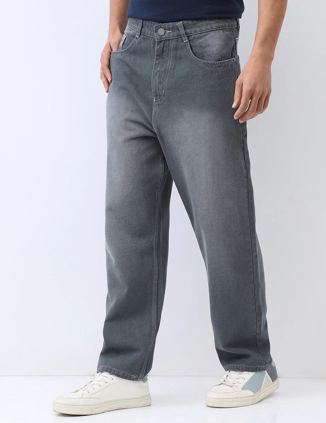 Men's Grey Loose Baggy Fit Washed Jeans Non-Stretchable - Image 3