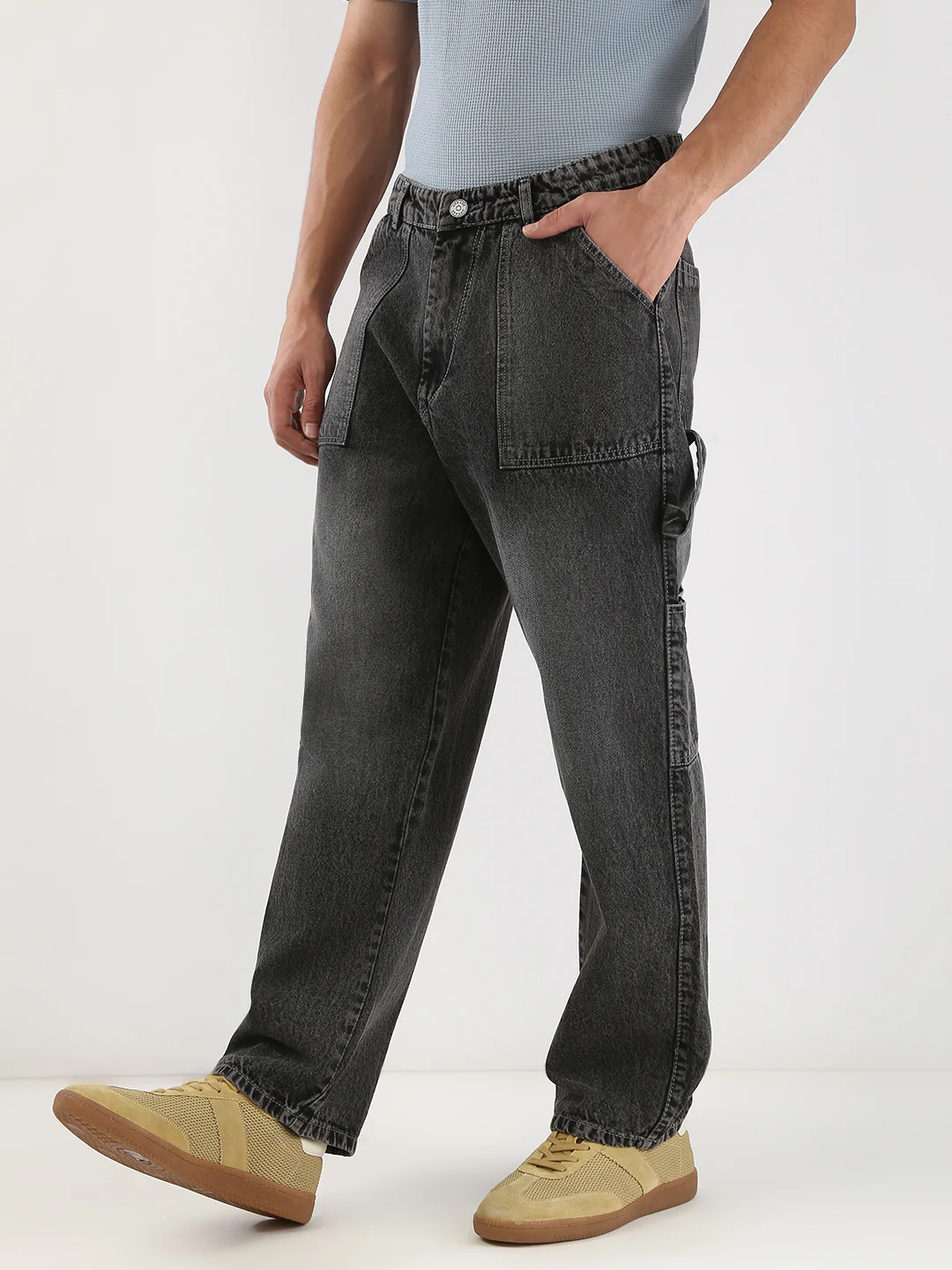 Men's Grey Loose Fit Cargo Carpenter Jeans With 6 Pockets Non-Stretchable - Image 2