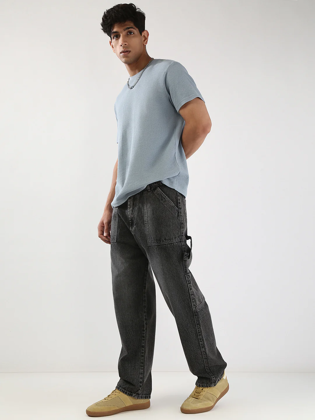Men's Grey Loose Fit Cargo Carpenter Jeans With 6 Pockets Non-Stretchable - Image 4